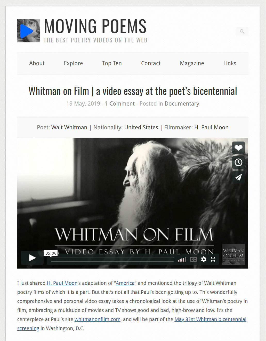 "Whitman on Film" featured at Moving Poems