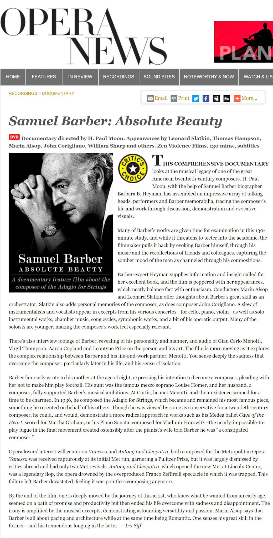 Opera News "Critic's Choice" review