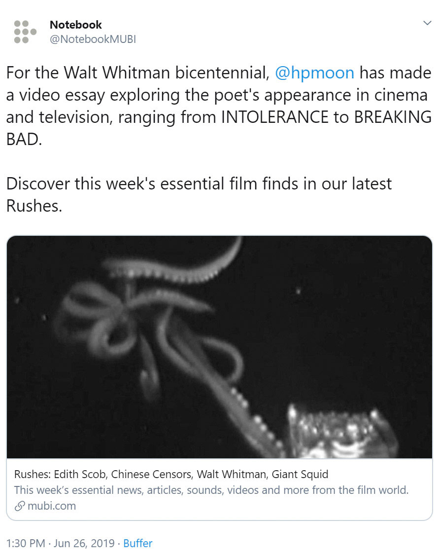 "Whitman on Film" featured by Mubi