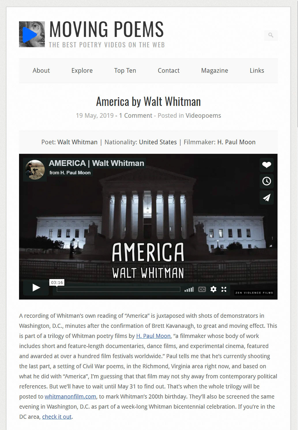 "America" featured at Moving Poems