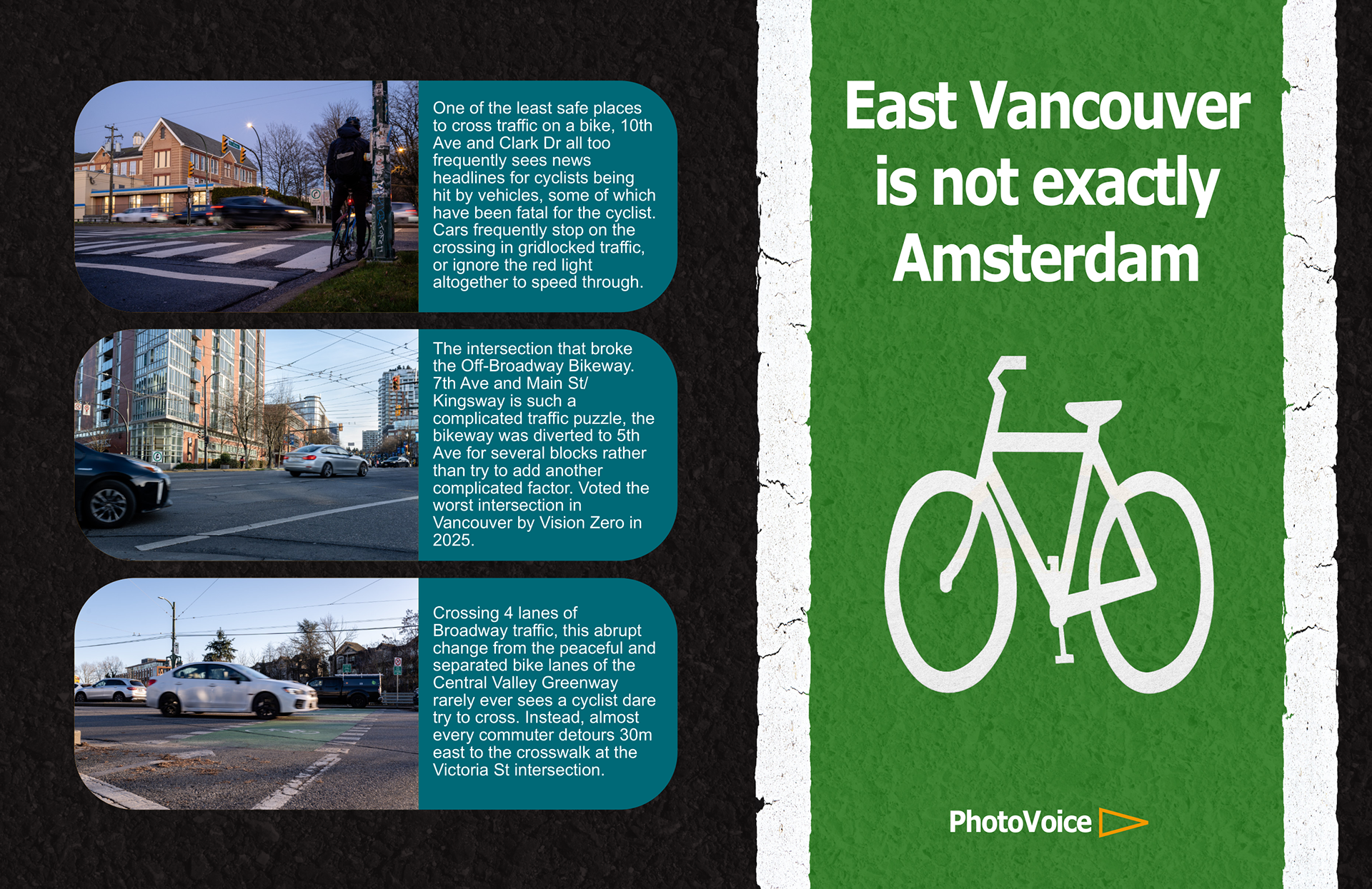 An infographic identifying three problematic cycling intersections located in East Vancouver in collaboration with the non-profit PhotoVoice.