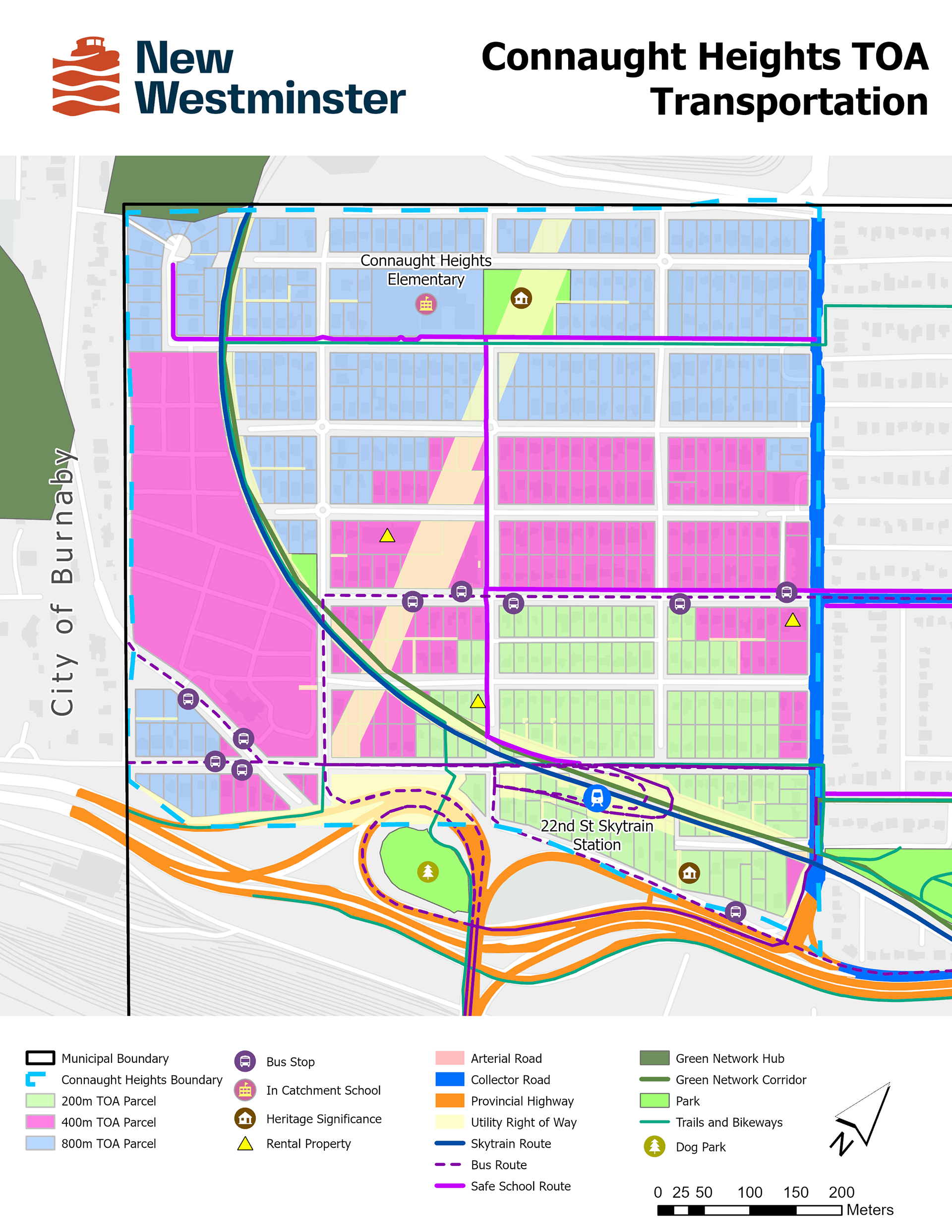 A map showcasing the parcels within Connaught Heights, New Westminster, affected by the 22nd Street Skytrain TOA buffers alongside the existing transportation network.