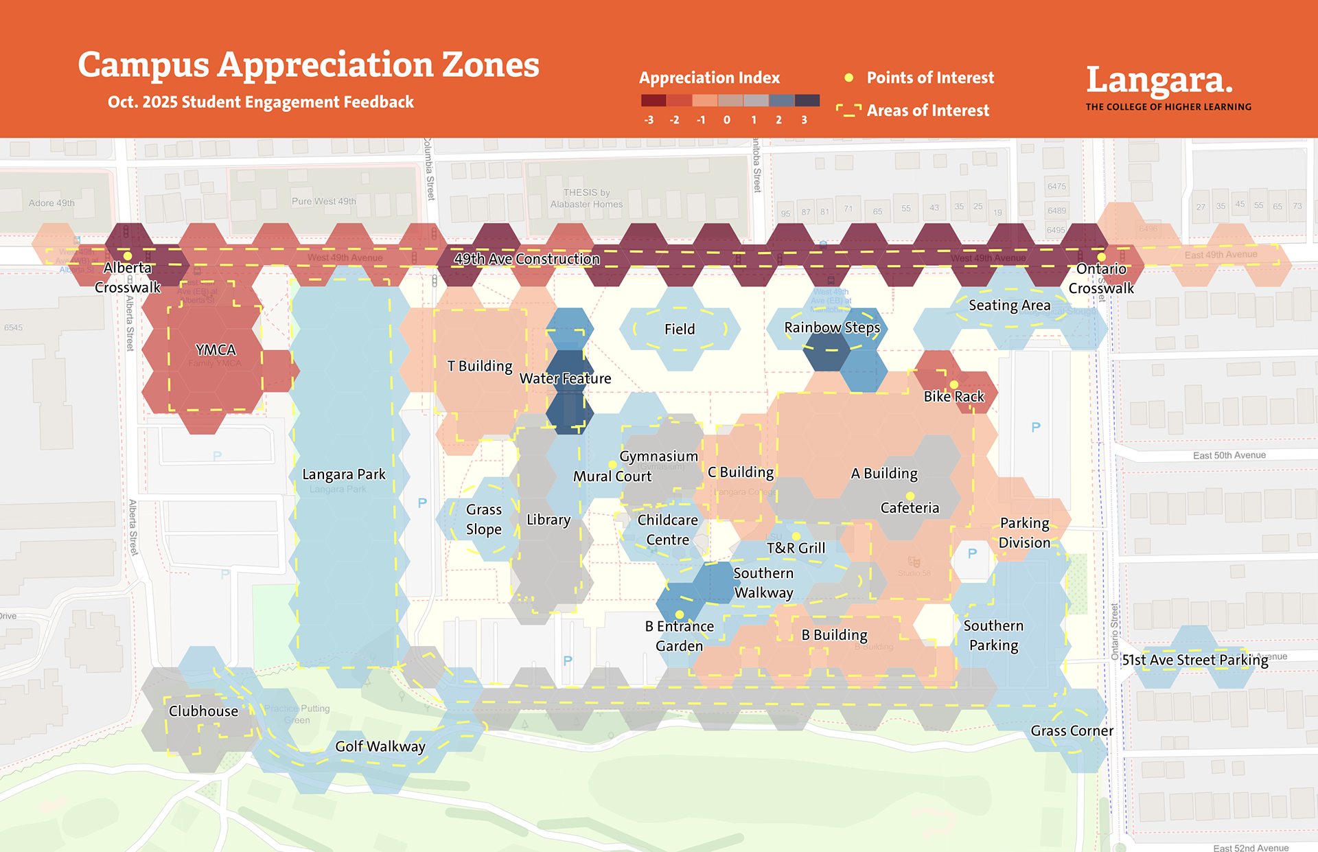 A visualization of survey results for favourable or dissatisfied zones on the main Vancouver campus of Langara College.