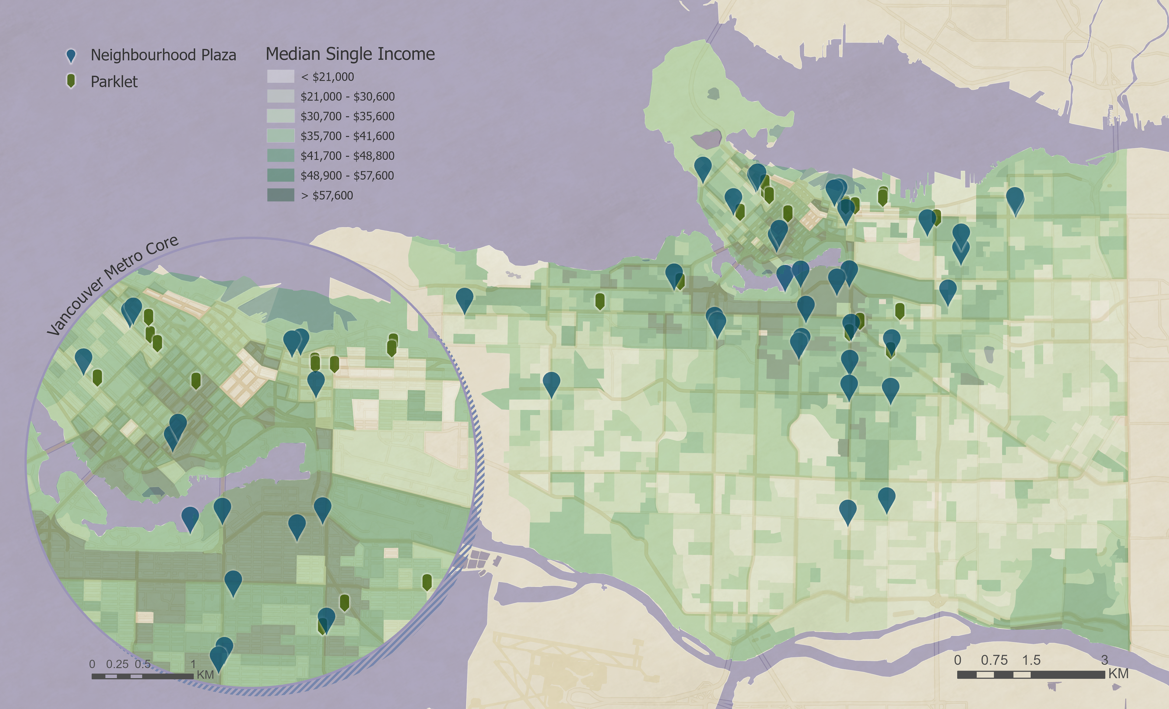 A map visualizing the distribution of Vancouver's Neighbourhood Plazas and Parklets against 2020 census median single income.