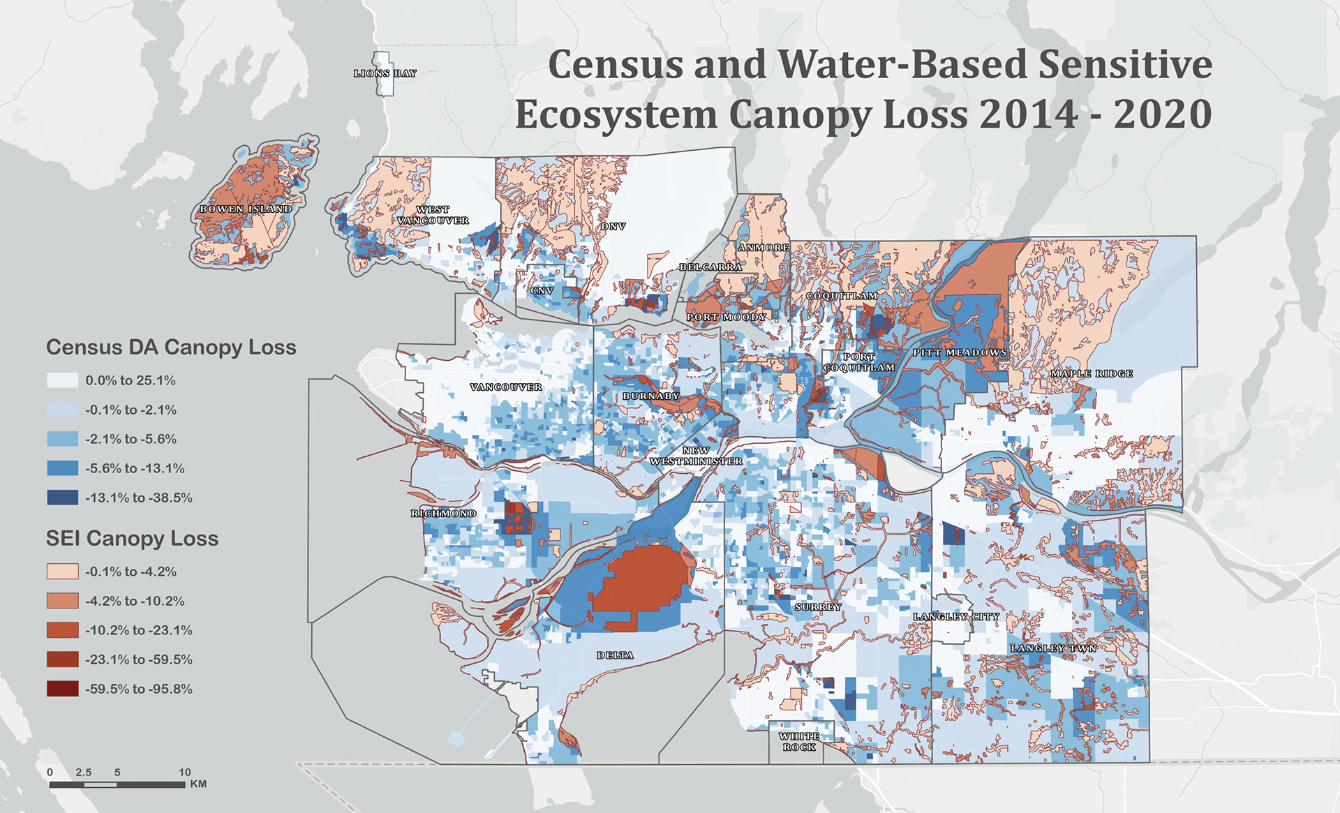 A map analyzing the changes in canopy coverage and how it relates to water-based sensitive ecosystems within Metro Vancouver.