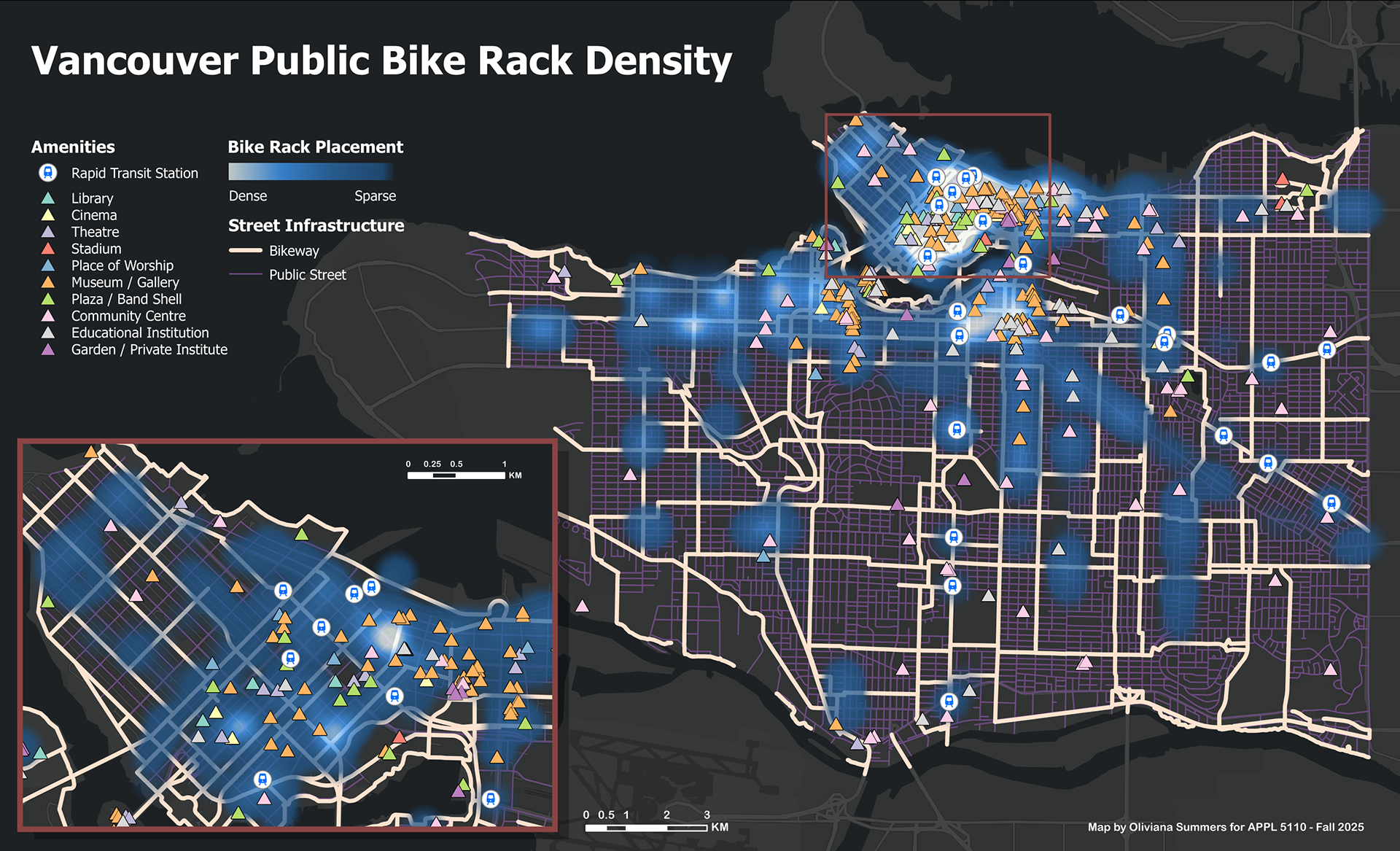 A map analyzing the density of public bike racks around city amenities and rapid transit stations.