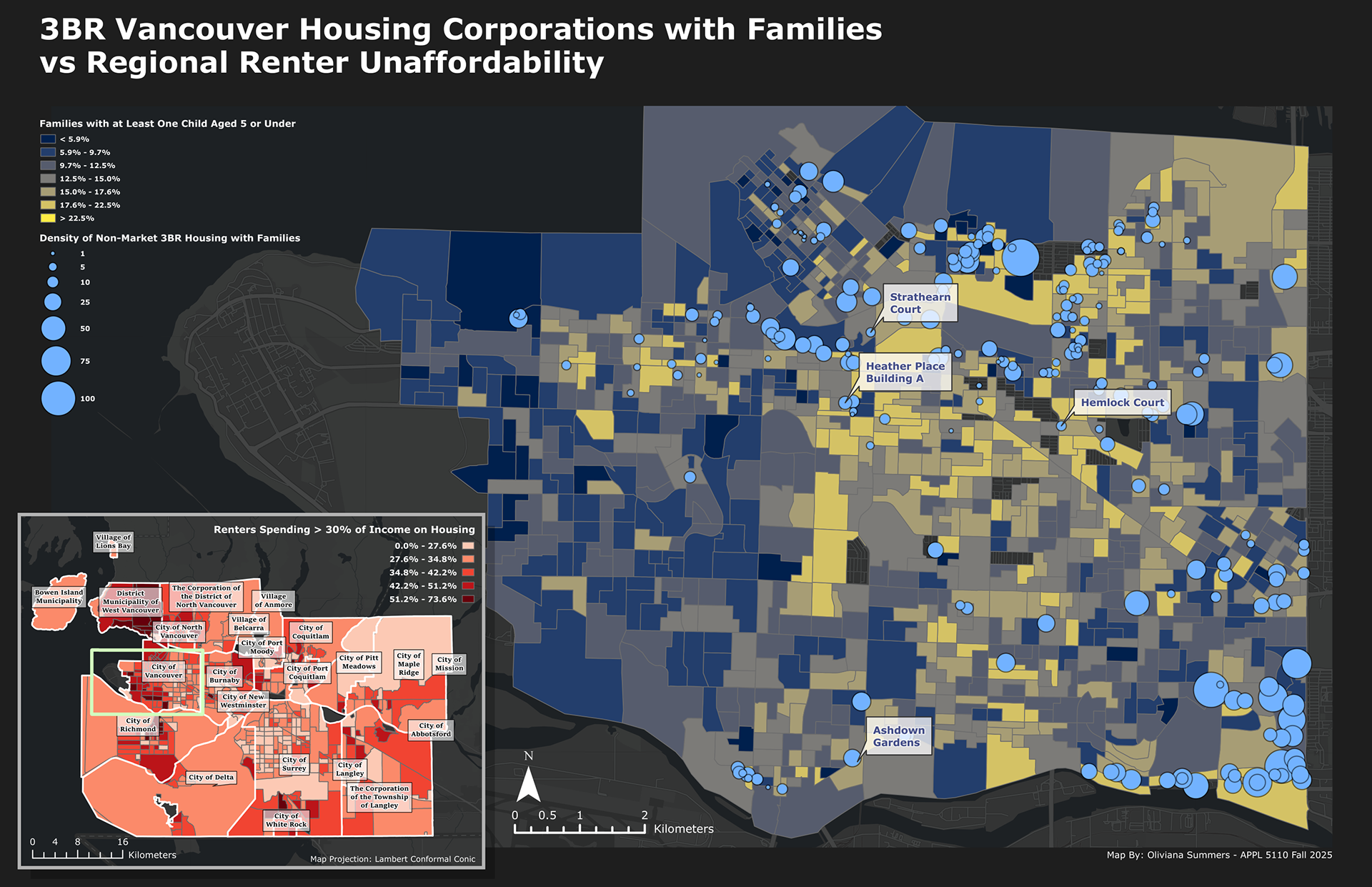 A map showcasing the location of 3BR co-op housing units in Vancouver alongside the density of families with young children, alongside a regional analysis of renter unaffordability.