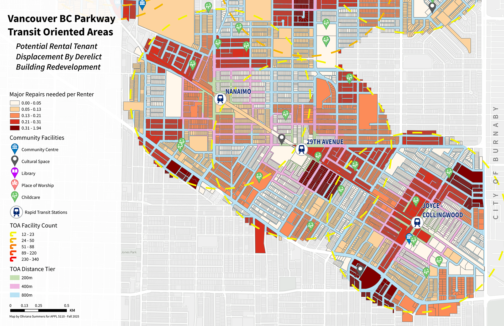 A map analyzing potential tenant displacement through redevelopment at Skytrain TOAs along the BC Parkway.