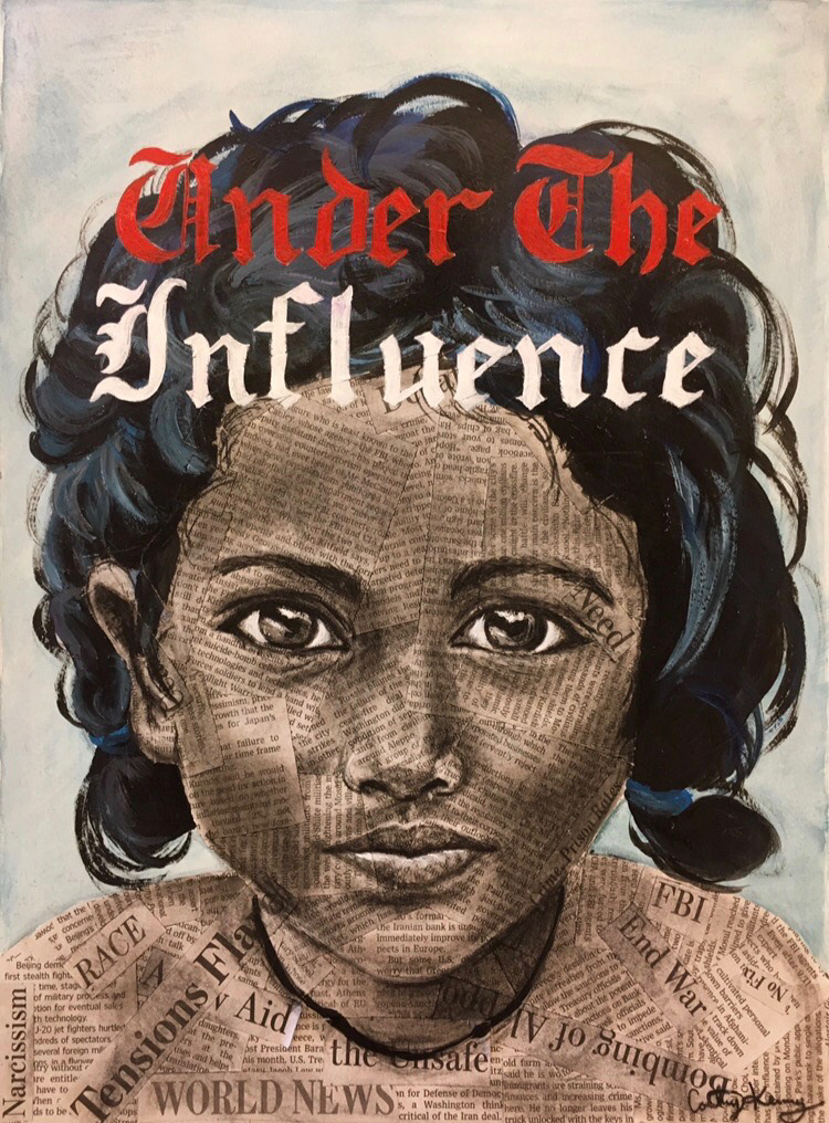 'Under the Influence', Acrylic, Newspaper and Charcoal