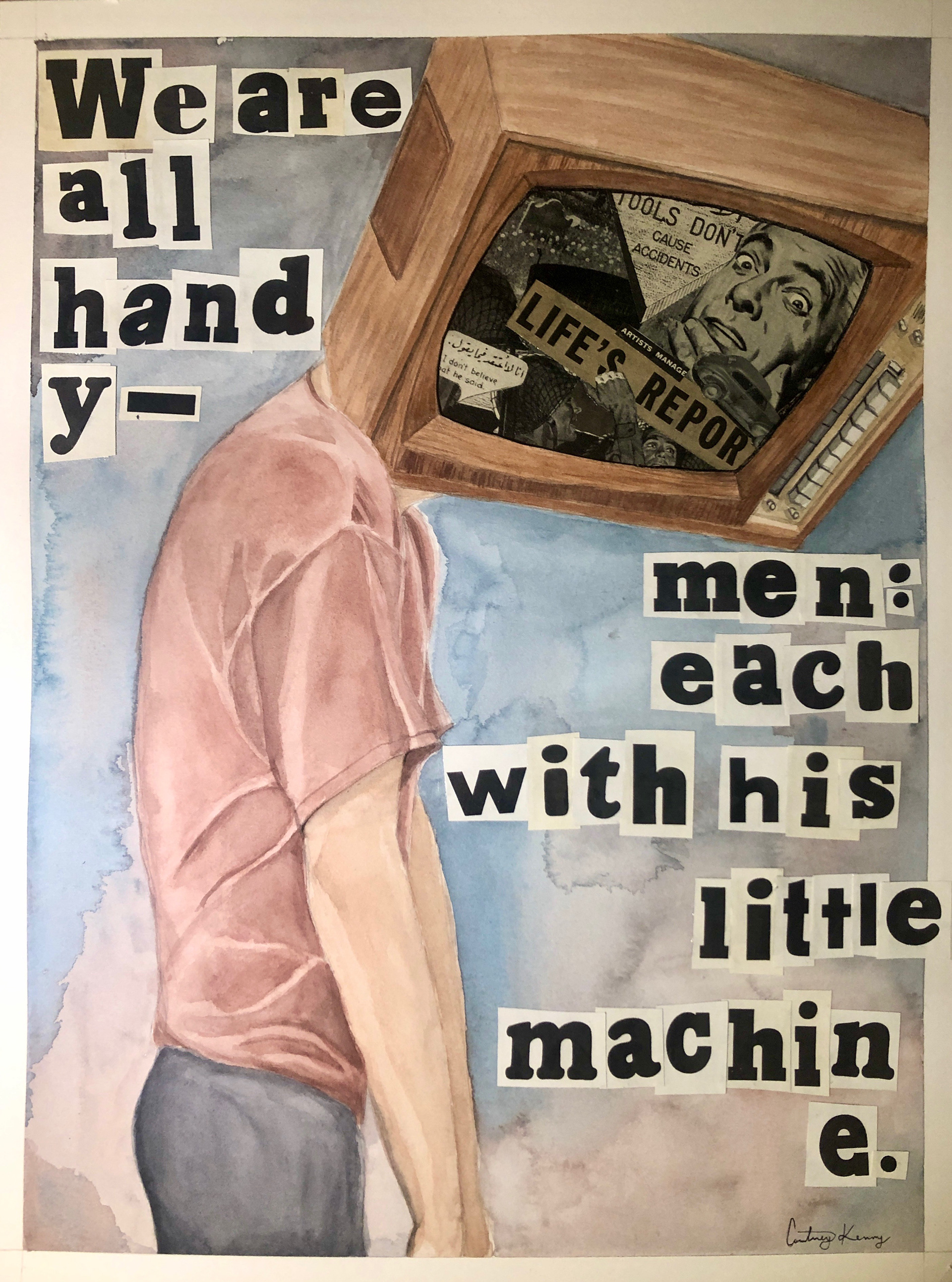 'Untitled (TV Head)', Watercolor and Collage,  Paper Size 16 x 12 in, Image Size 15 x 11 in, Quote by Guattari and Deleuze