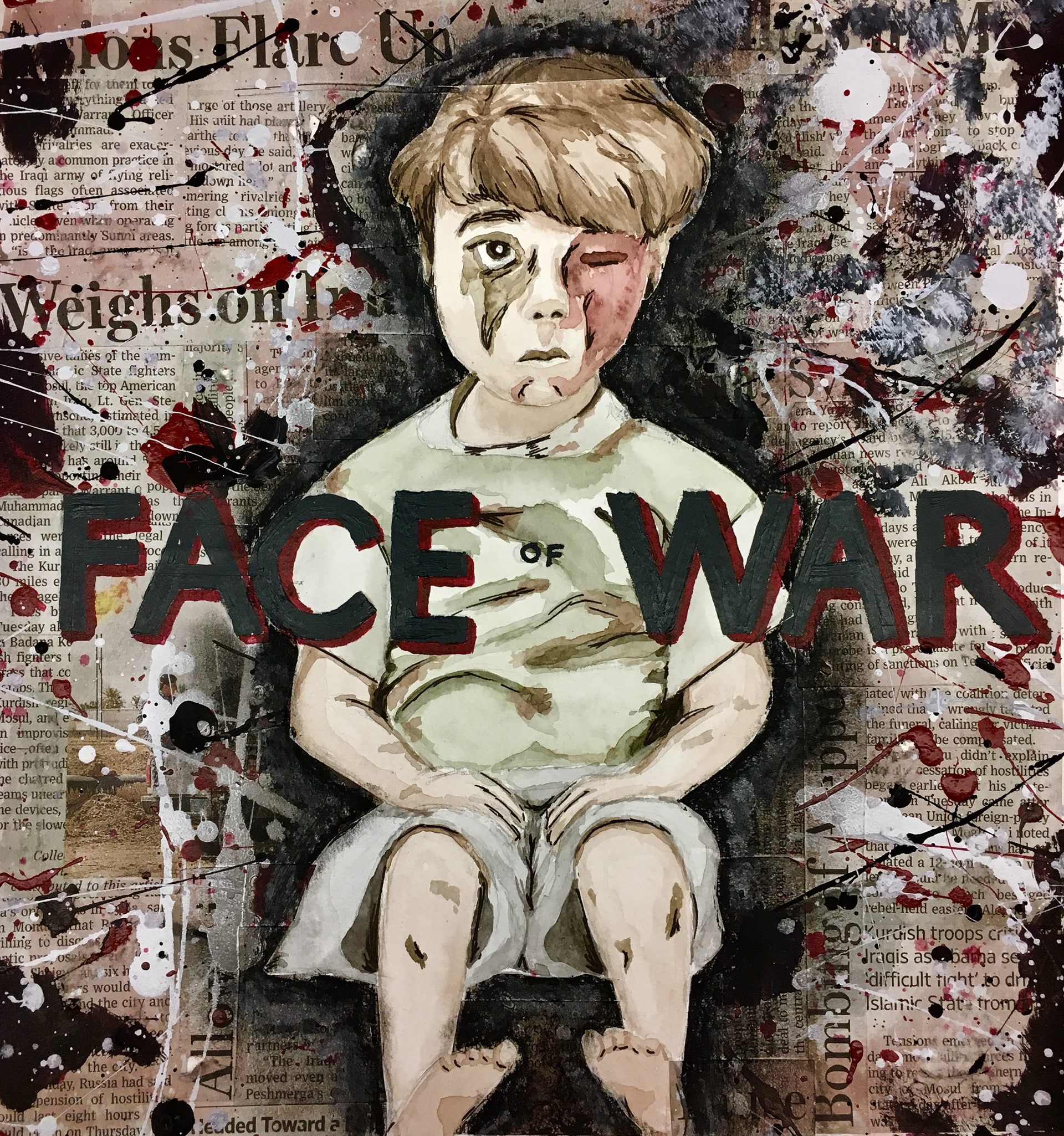 'Face of War', Watercolor, Acrylic, Newspaper, Charcoal