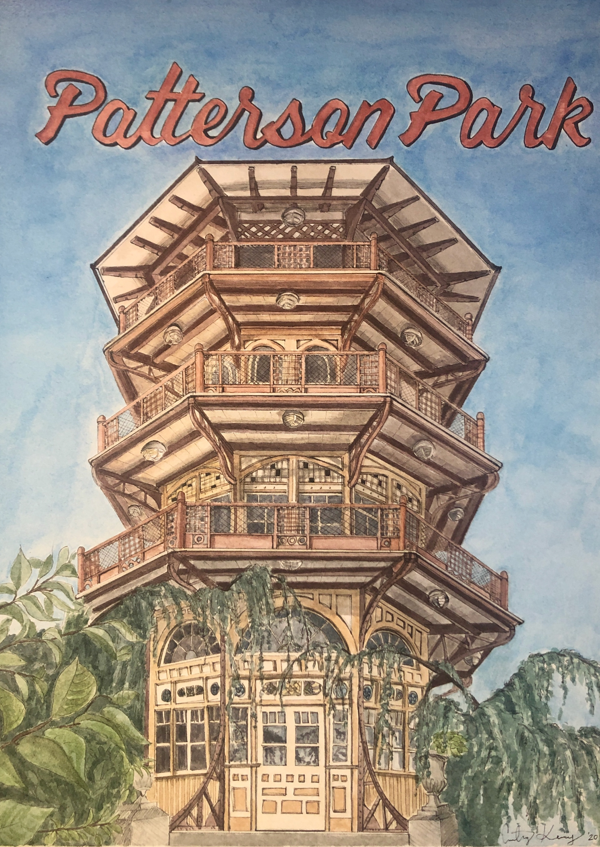 'Patterson Park', Watercolor and Pen