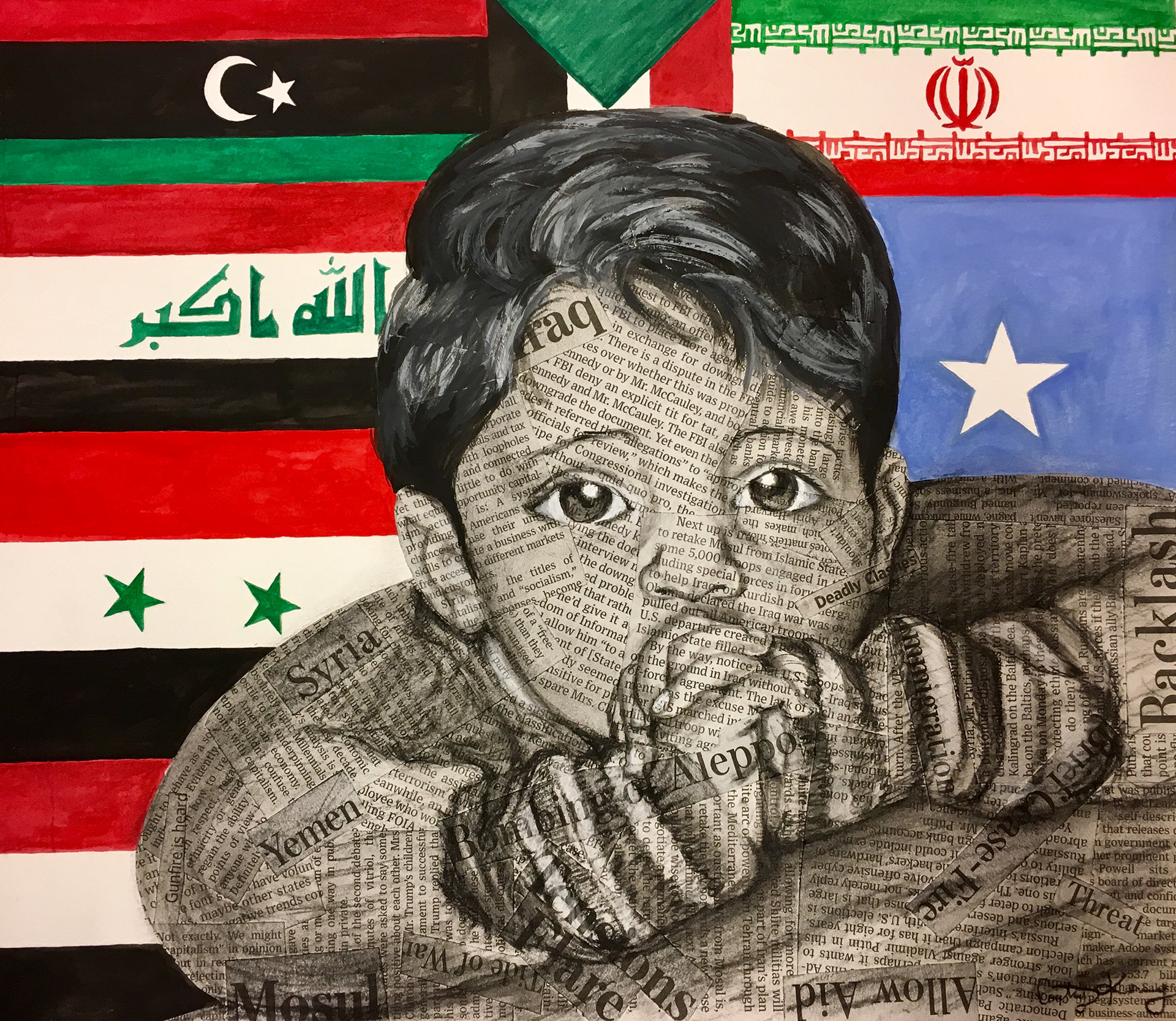 'Banned Countries', Gouche, Newspaper and Charcoal