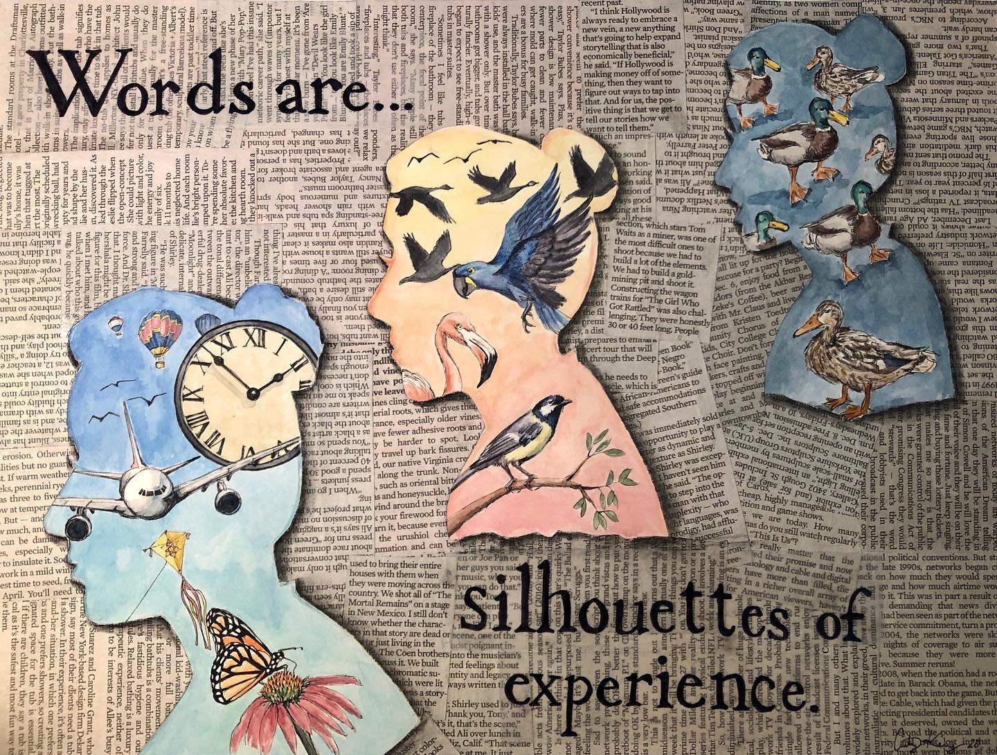 'Silhouettes of Experience', Watercolor, Pen, Collage and Charcoal,  Paper Size 16 x 12 in, Image Size 15 x 11 in 