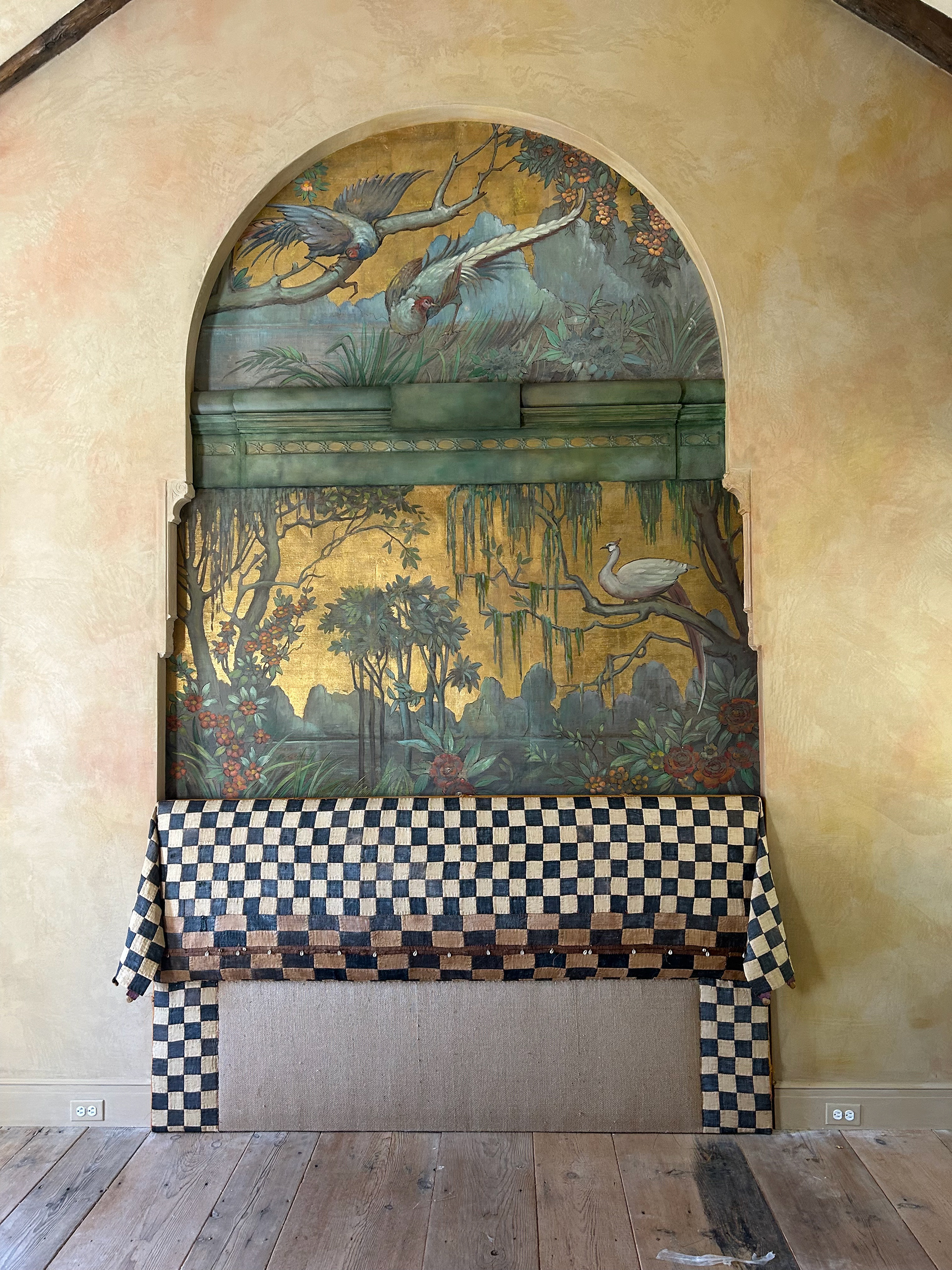 Mural restoration, faux aging on trim, venetian plaster wall for private residence, New Jersey