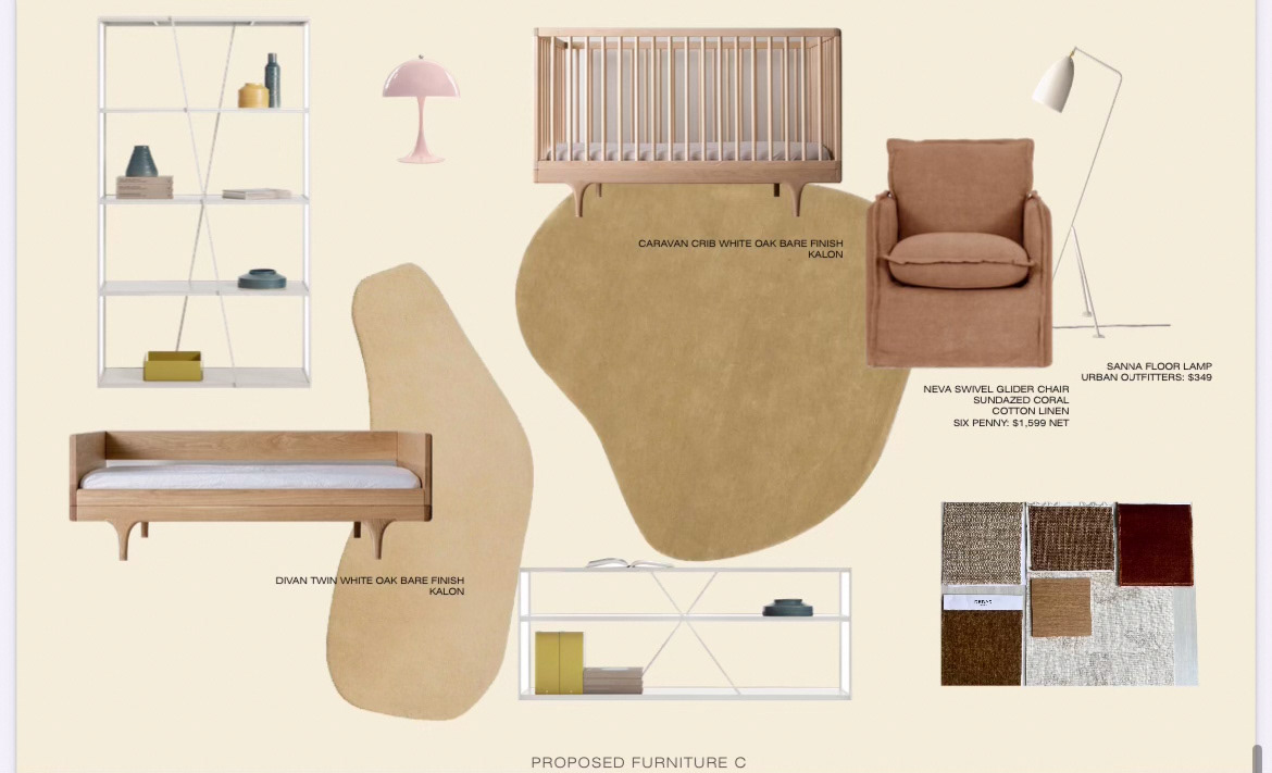 A concept board of the new vision, with calm white oaks and neutral tones.