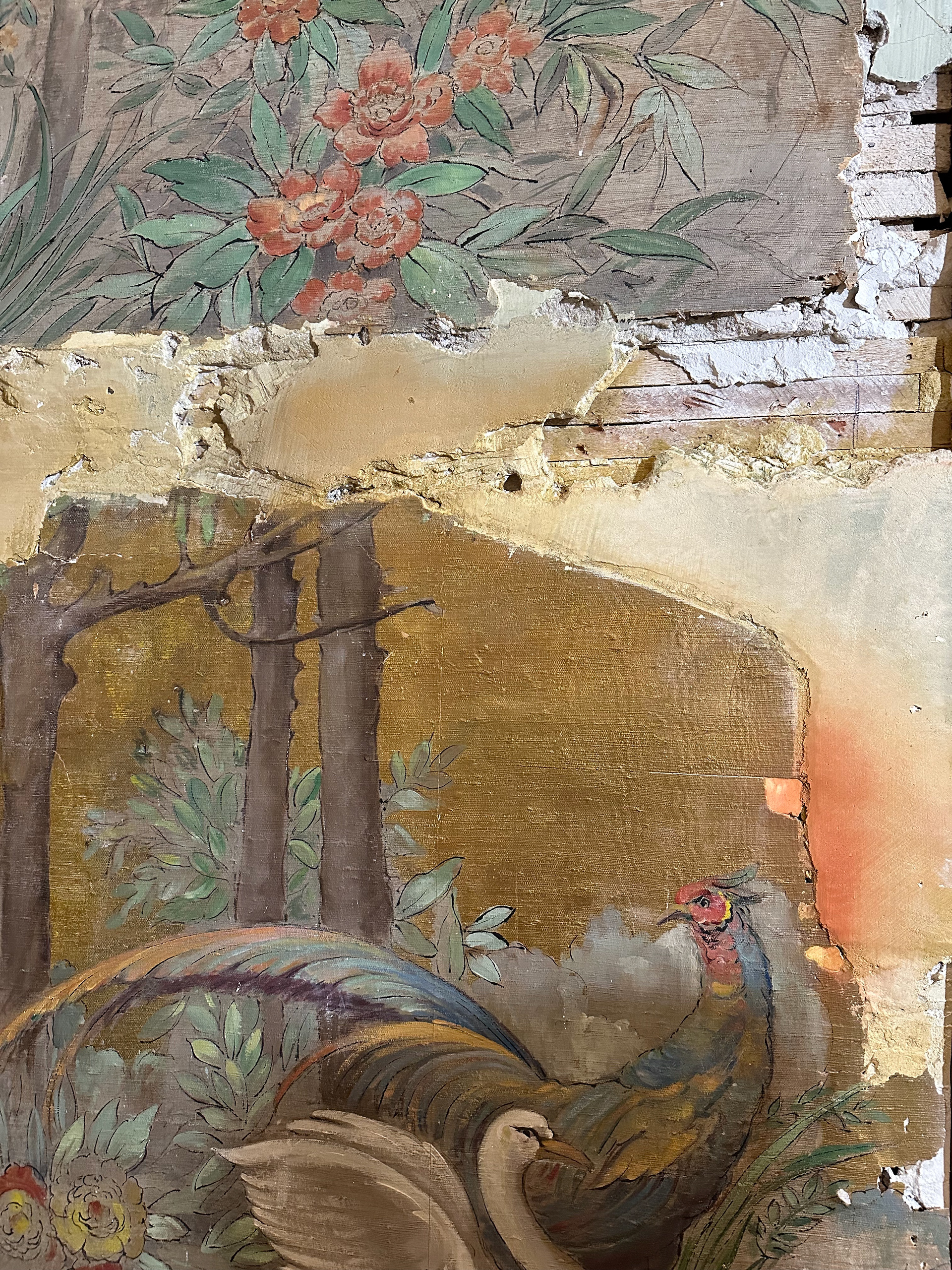 Using fragments of a mural salvaged from demolition, my team and I built a fresco wall and painted elements to unify the fragments across the wall.  Plaster, gold, paint.  Private residence, New Jersey