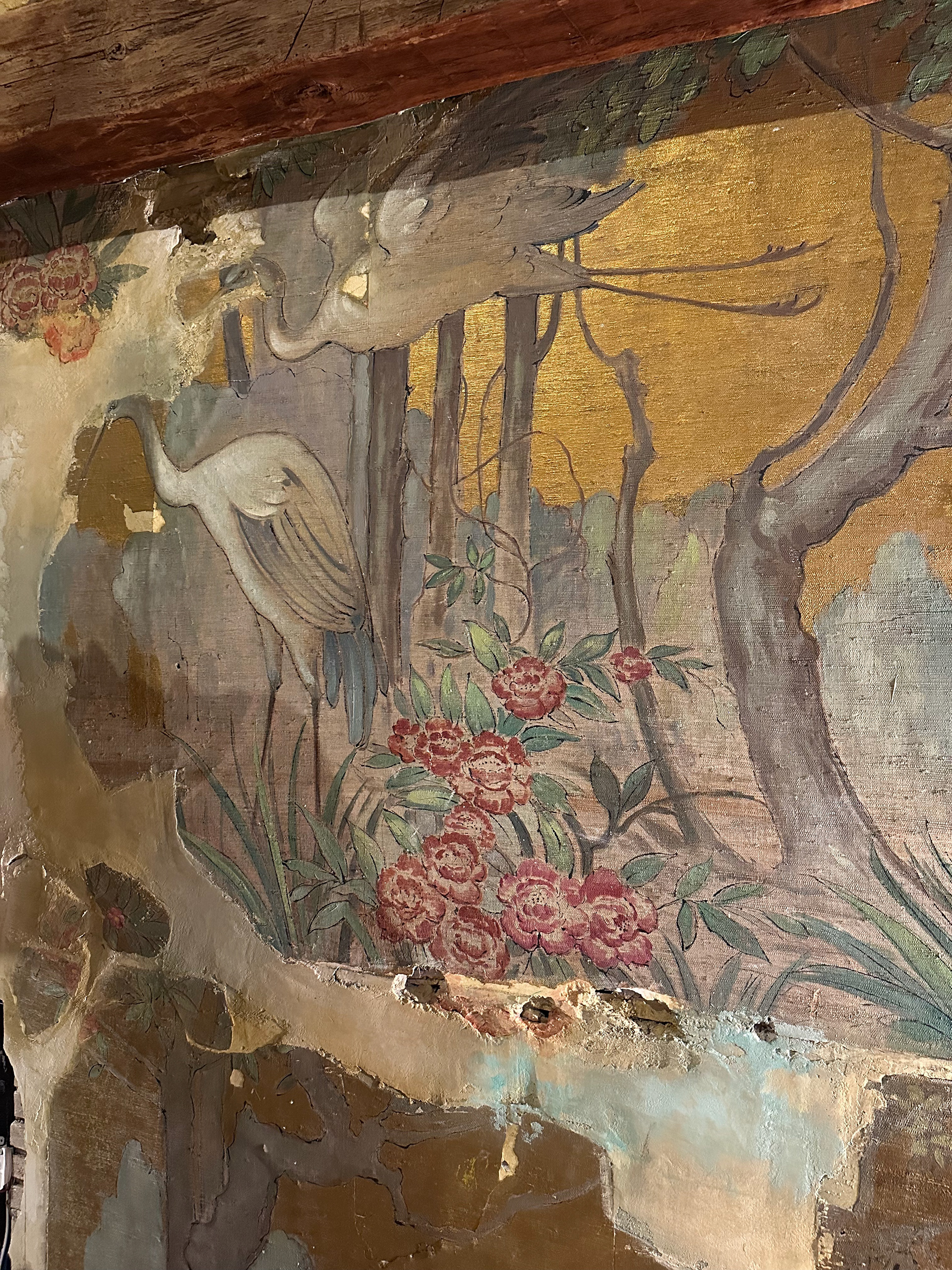 Using fragments of a mural salvaged from demolition, my team and I built a fresco wall and painted elements to unify the fragments across the wall.  Plaster, gold, paint.  Private residence, New Jersey
