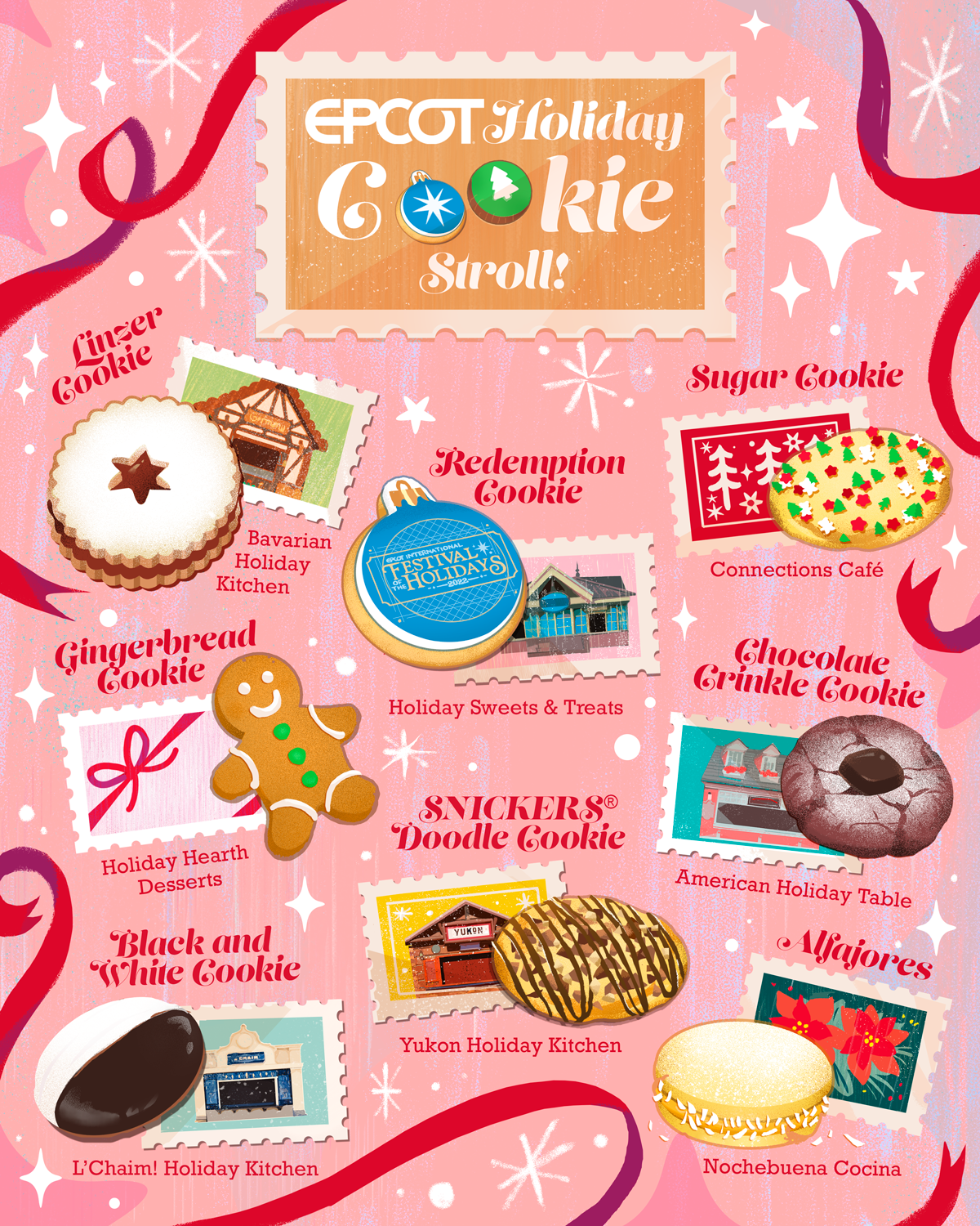 Disney Parks Epcot Cookie Stroll Illustration to promote their Cookie Stroll