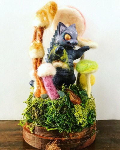 Felted mushrooms and custom painted Negora for the QPOP Negora Show