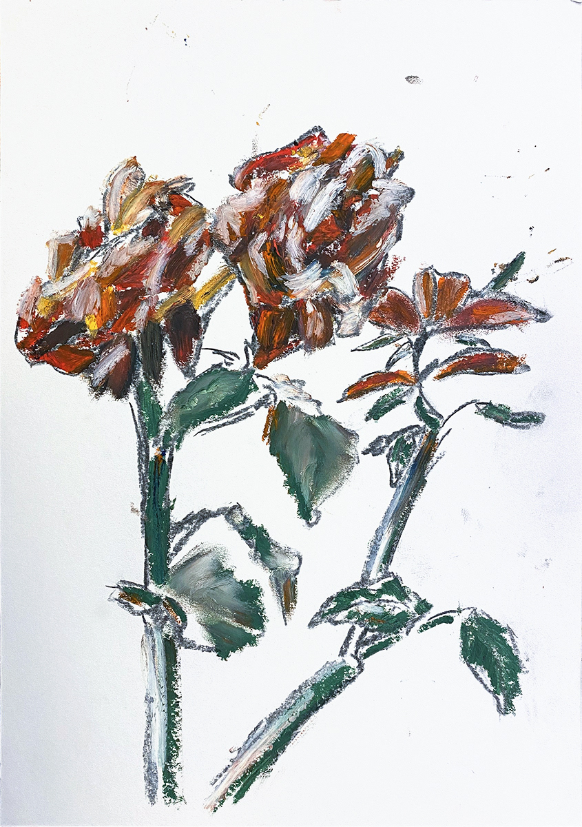 Roses, 2022, Oil pastel and charcoal on paper, 29.7 x 21 cm