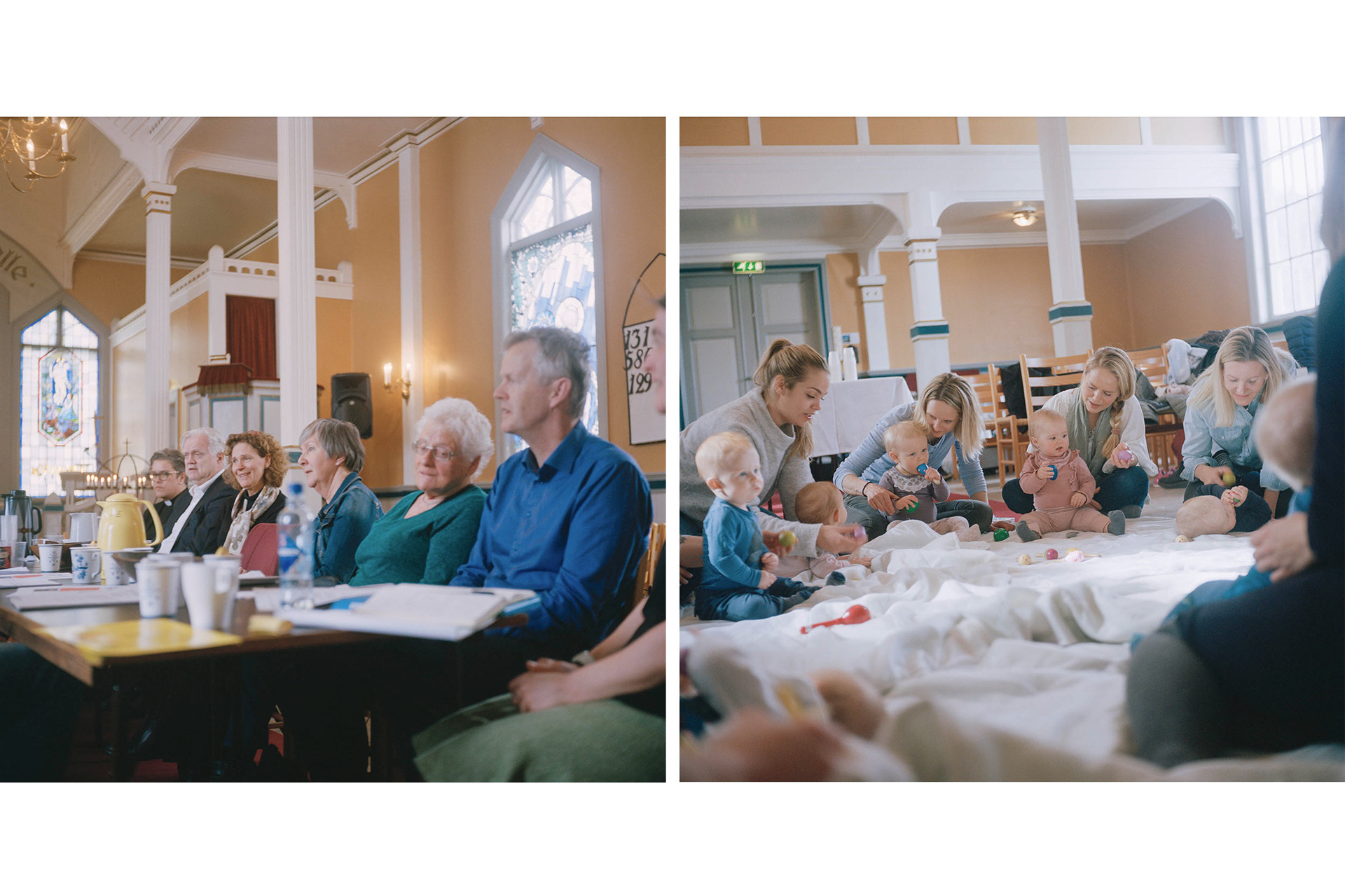 The annual meeting in Nærsnes church ends with a hymn. The church is seeing an increase in church goers in recent years, and it functions as an important gathering place for those who live nearby. The “baby date”, with play and song.