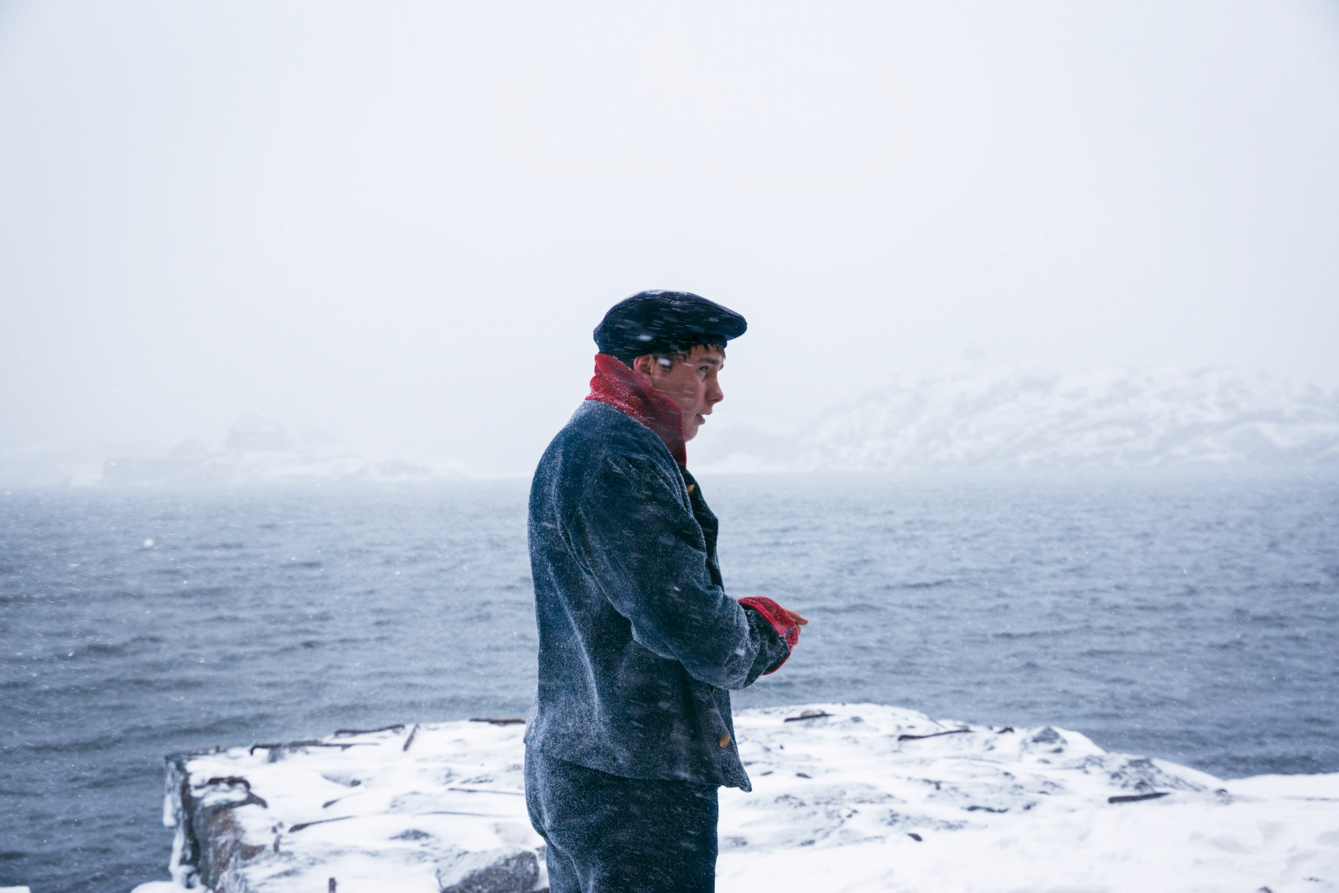 Actor Simen Fagerli in a blizzard on the set of filming  Orlogsbriggen .   Larvik, 2017.