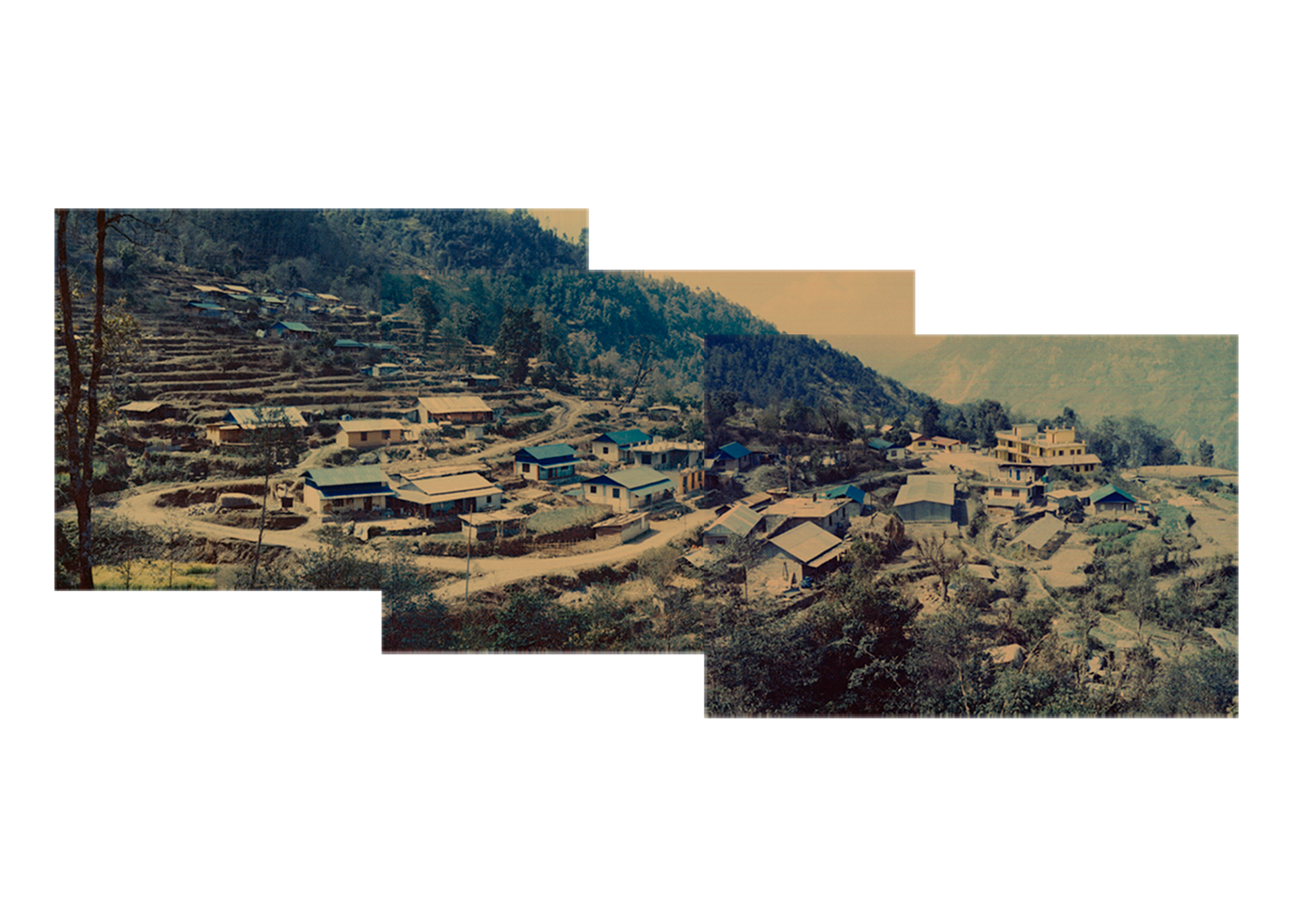 The village and surrounding district was severely damaged in the 2015-earthquake. The houses with blue roof are among those that were rebuilt afterwards.