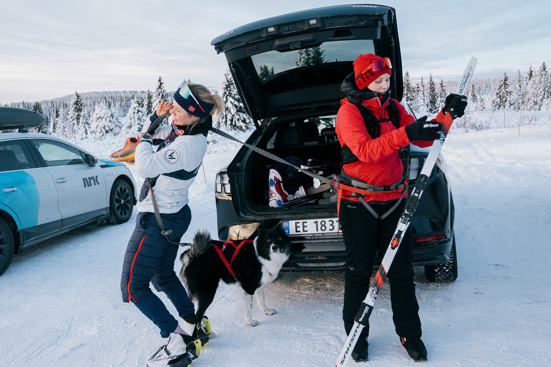 Ski jumper Maren Lundby with her friend Line Jahr  and her dog.   For NRK -  Lillehammer, 2022.