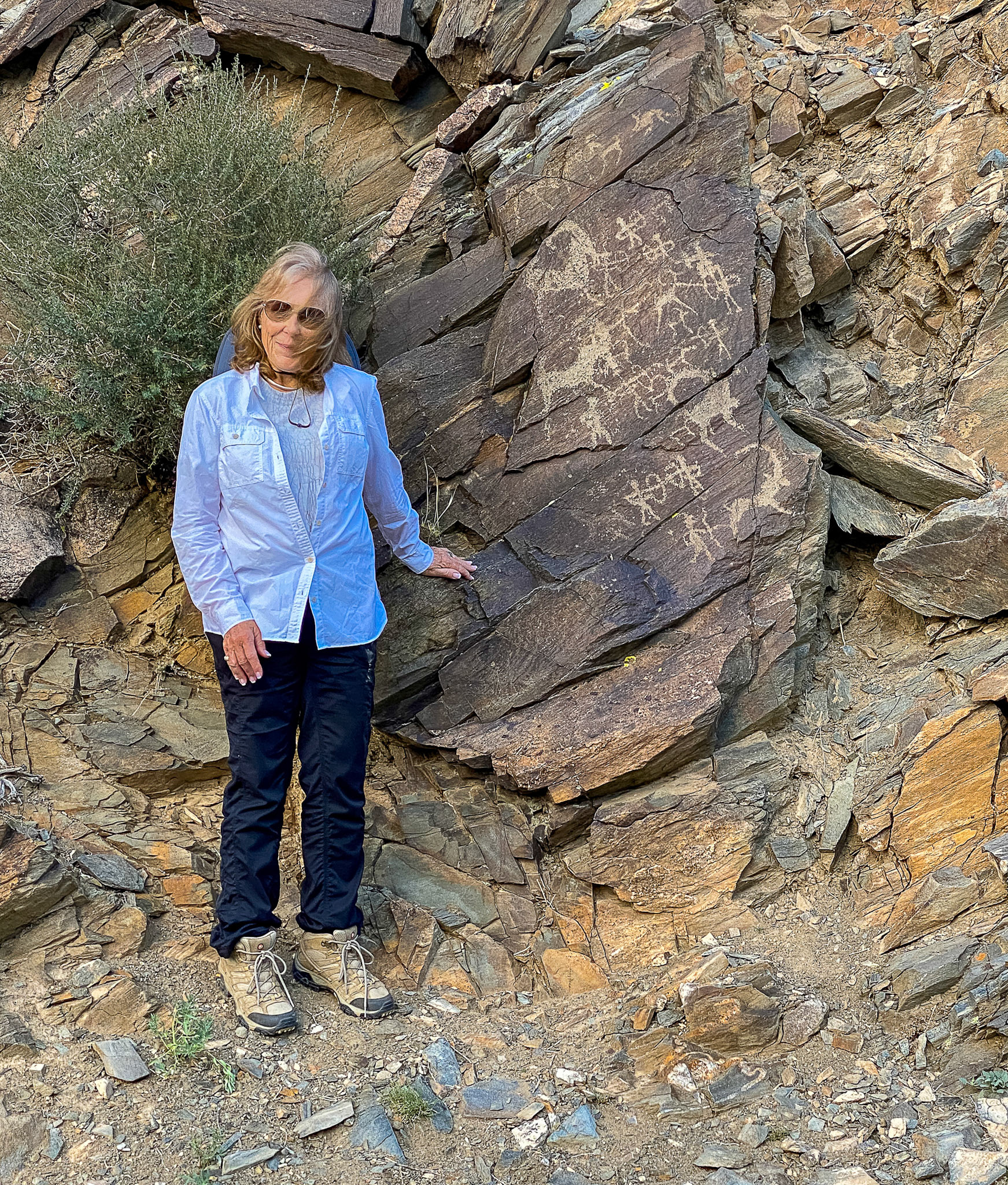 Susan describing the Khoit Tsenkher petroglyphs in Mankhan sum, Khovd Aimag, Mongolia