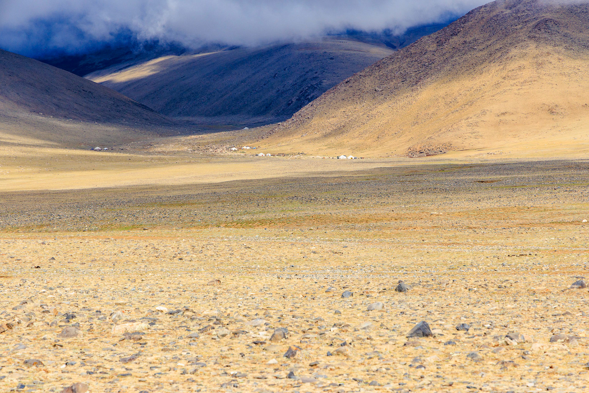 Ger encampments in the distance, no trees and very little vegetation