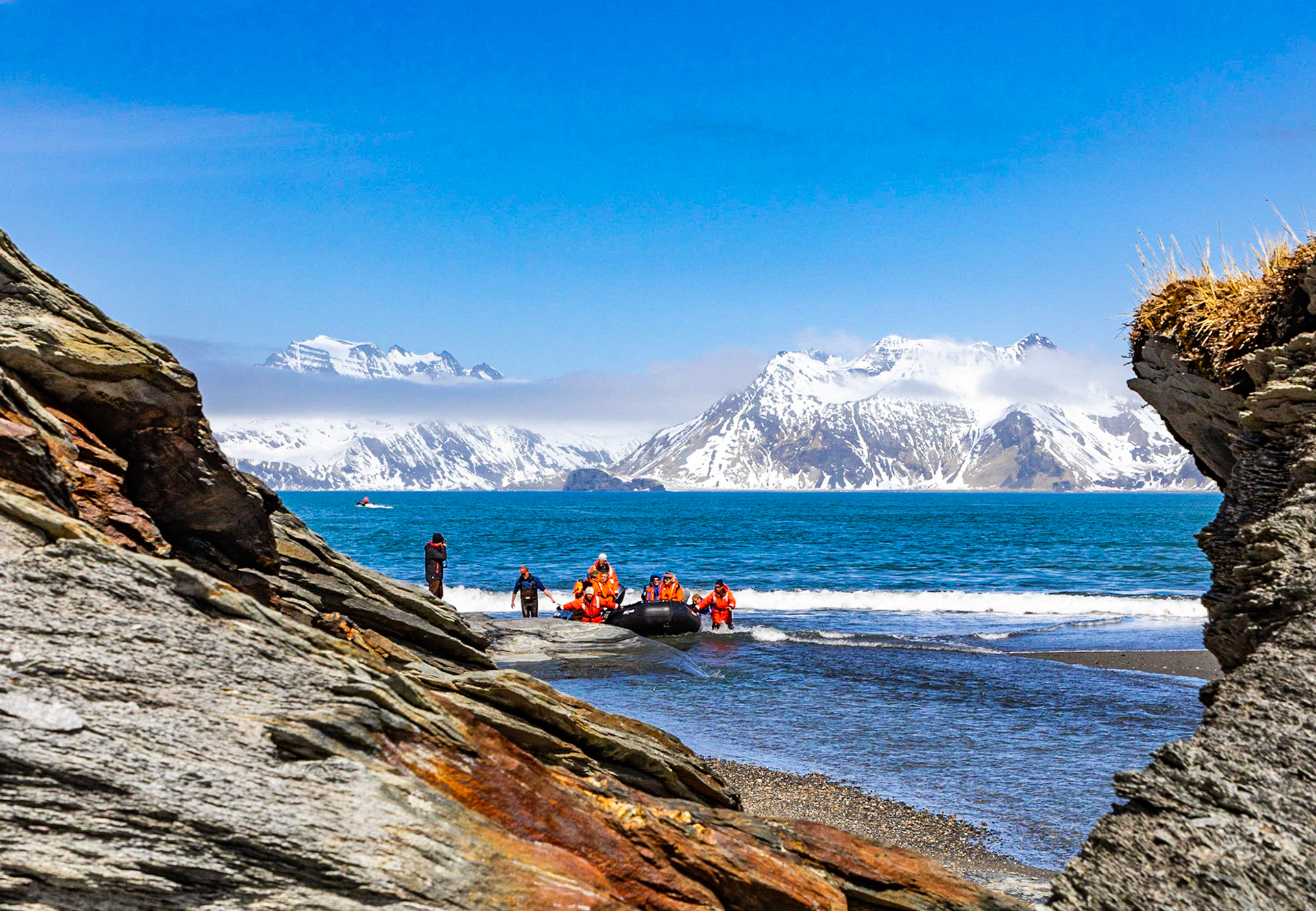 Coming ashore at Moltke Harbor in Royal Bay of the incredible South Georgia Island. A Linblad/National Geographic Expedition.