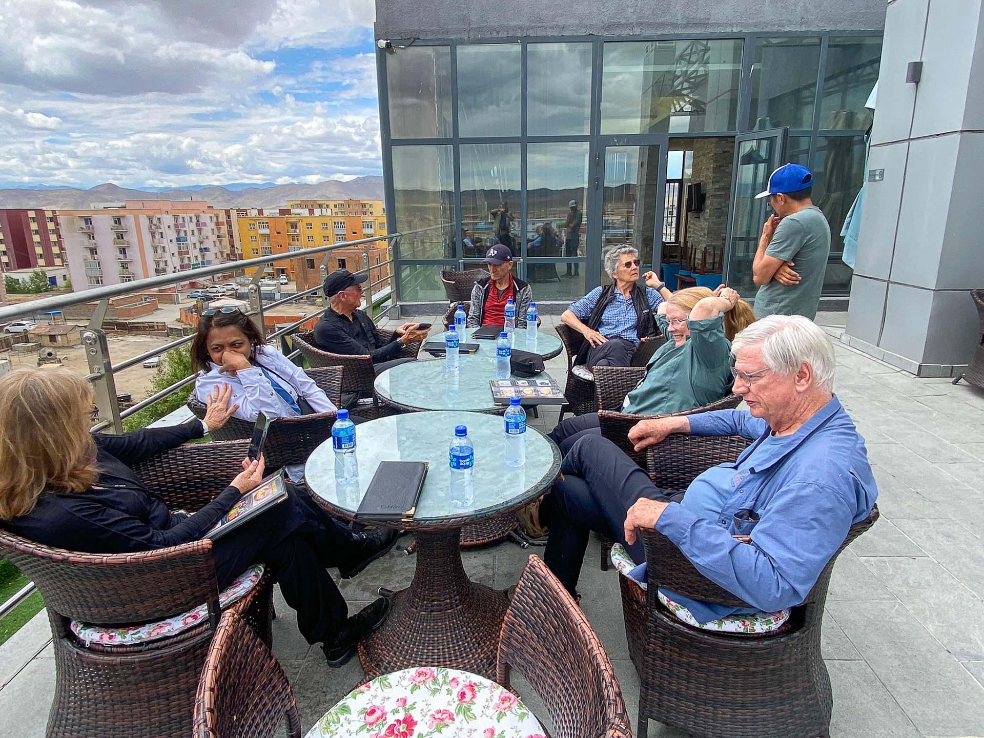 Taking lunch in the lounge at the top of the Steppe Hotel