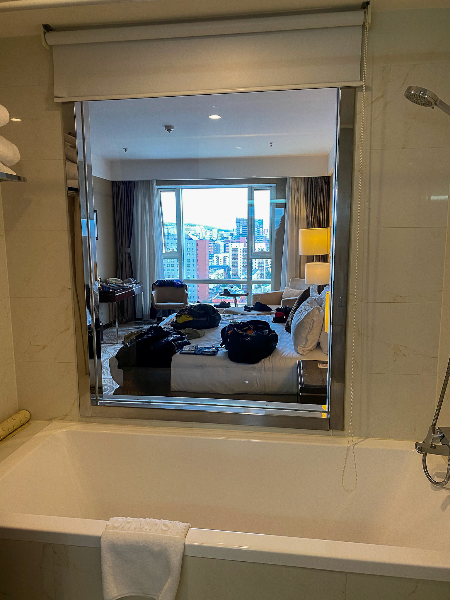 View from the bathroom from our rooom at the Best Western Premier Hotel in UB. Why a view window in the bathroom?