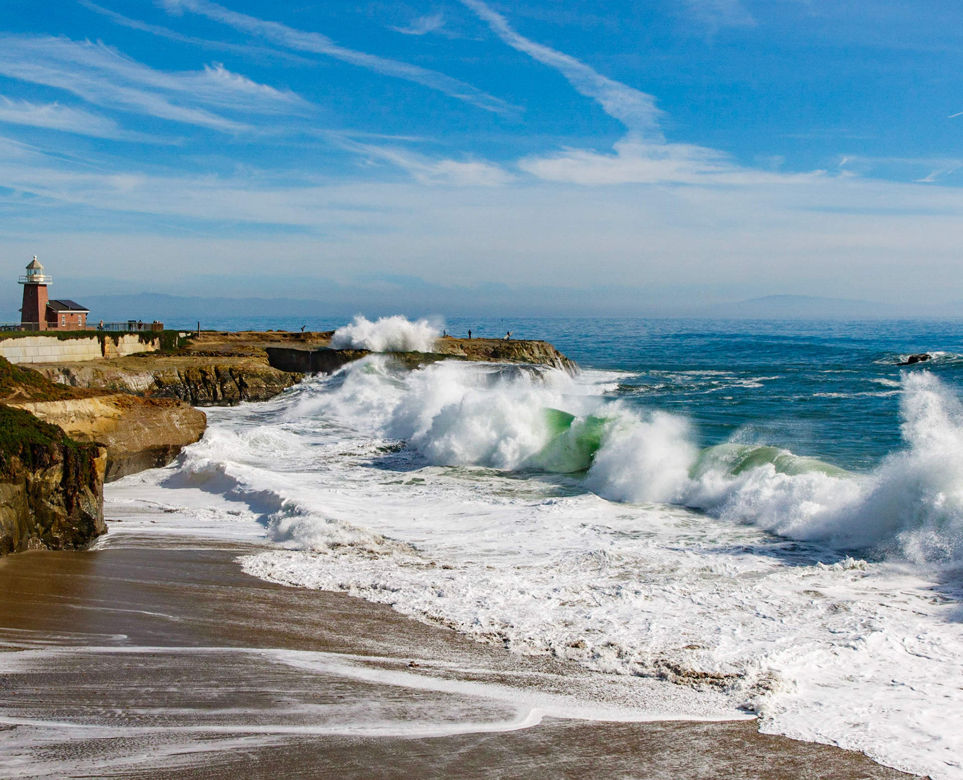 A beautiful winter day in Santa Cruz. Lighthouse Point, Westcliff Drive, Santa Cruz, Ca. On the other side of Lighthouse Point is Steamer Lane, the infamous surfing area where many surfing contests are held.