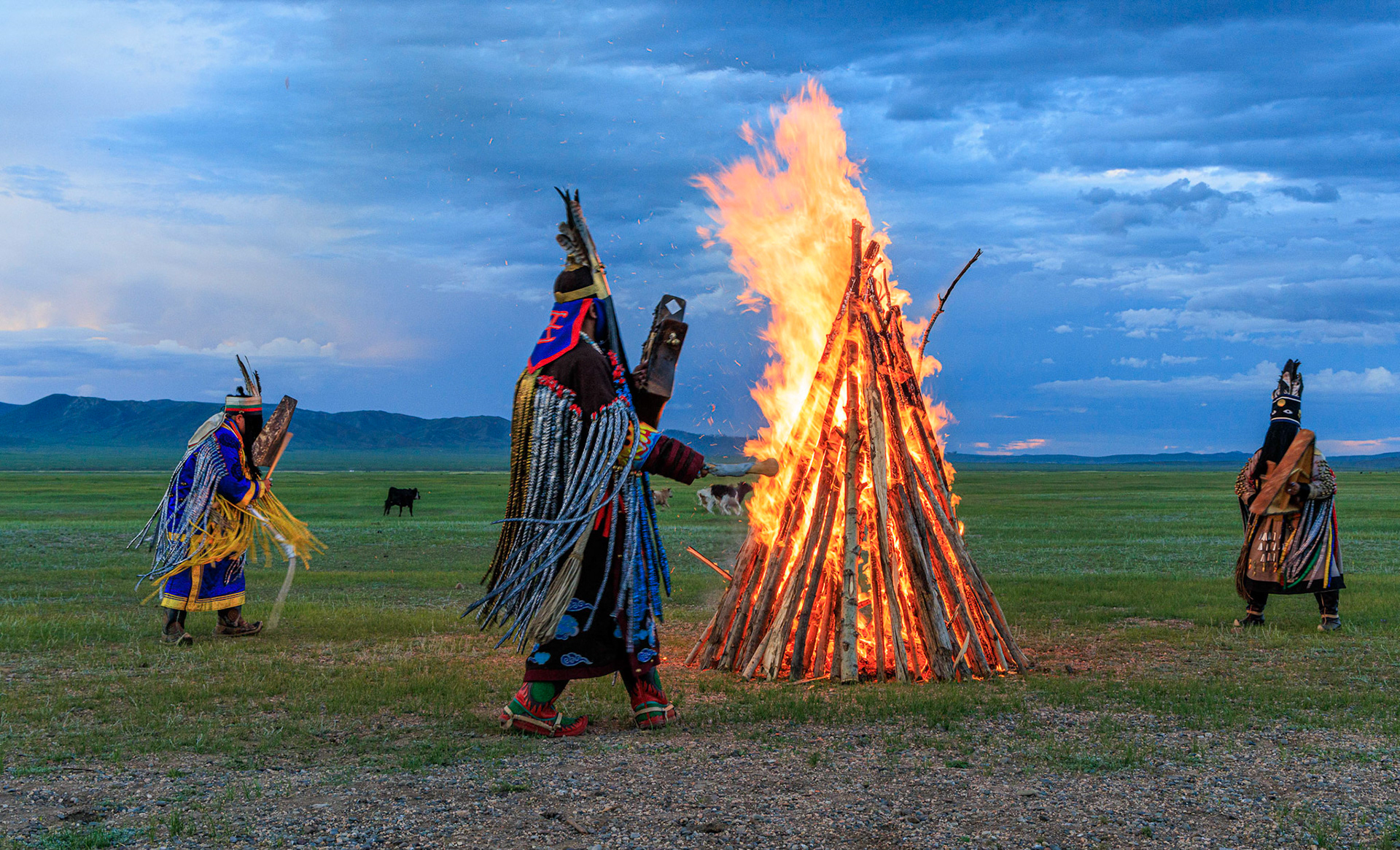 Mongolian Shaman invoking spirits of ancestors at traditional sunset fireside ceremony