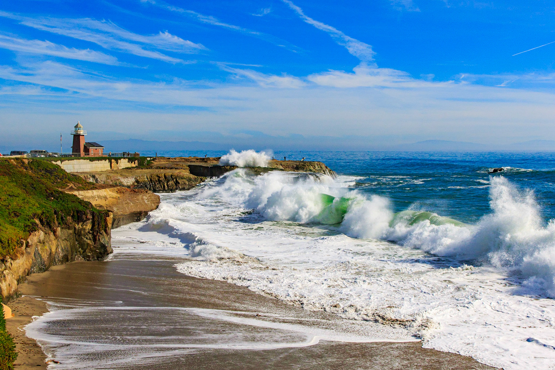 A beautiful winter day in Santa Cruz. Lighthouse Point, Westcliff Drive, Santa Cruz, Ca. On the other side of Lighthouse Point is Steamer Lane, the infamous surfing area where many surfing contests are held.