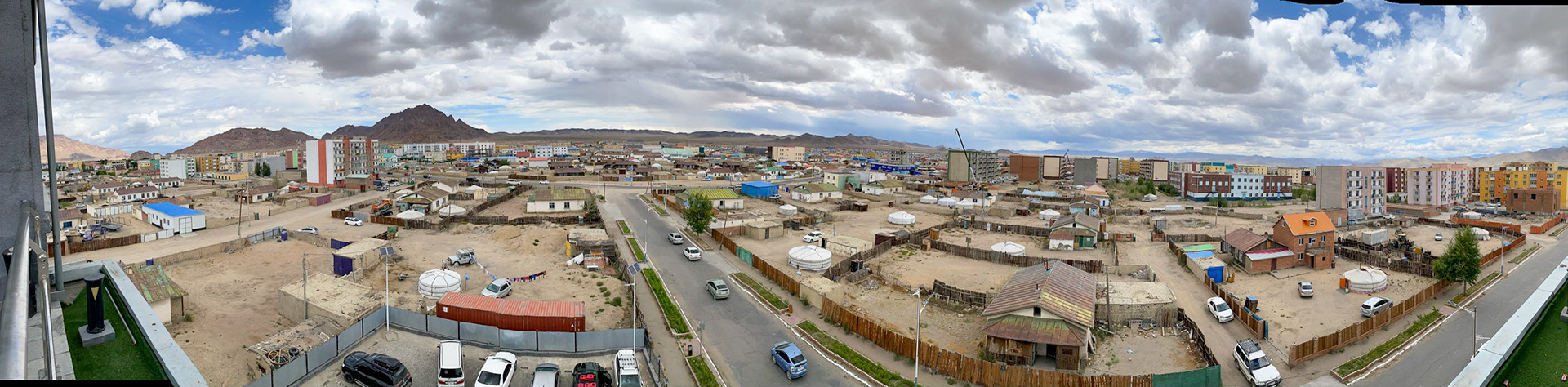 A panoramic shot from the top of the Steppe Hotel. Notice all the gers that people occupy in town
