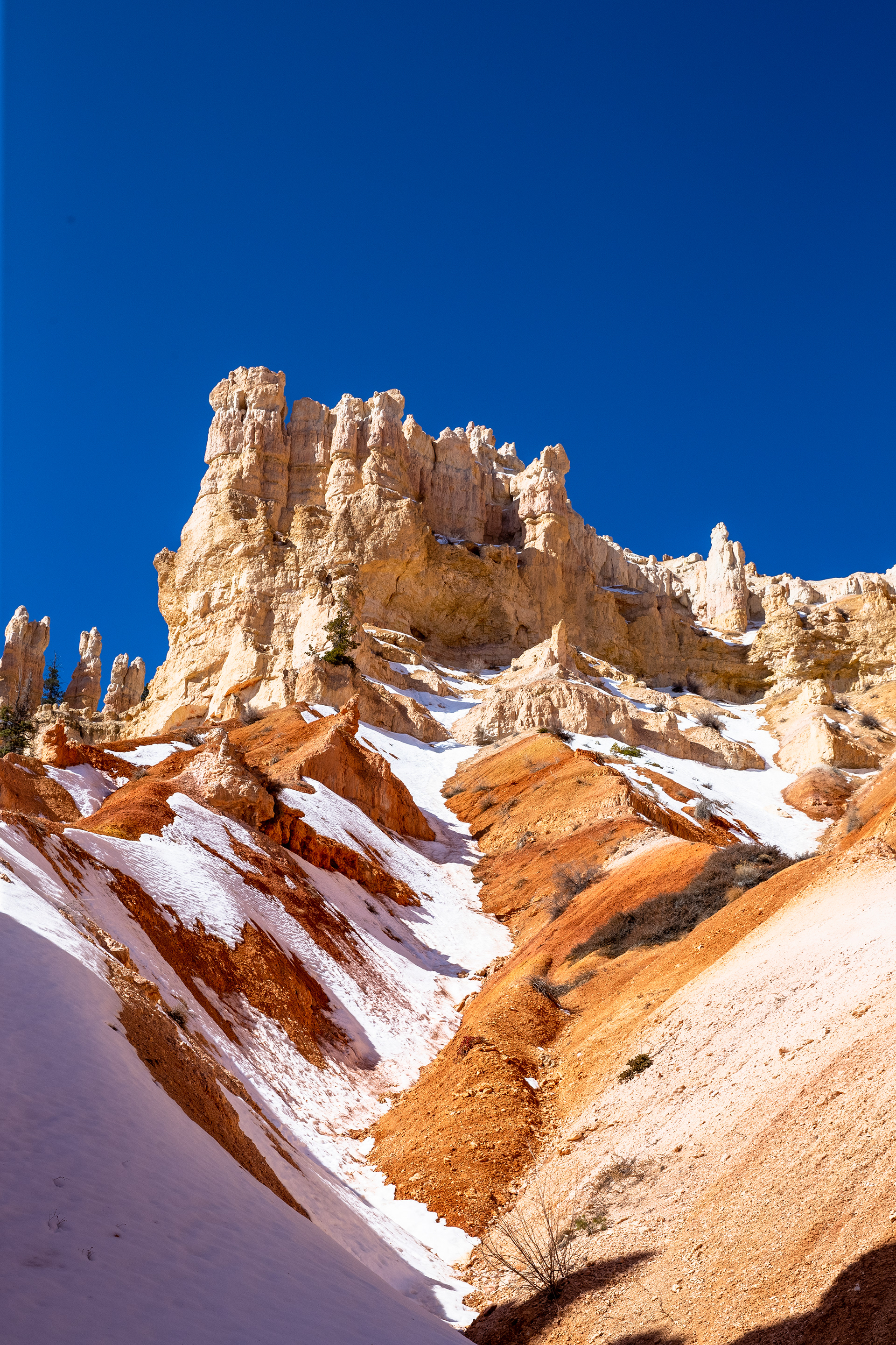 Snow remains on the northern facing slopes at the base of hoodoos in Bryce Canyon NP.