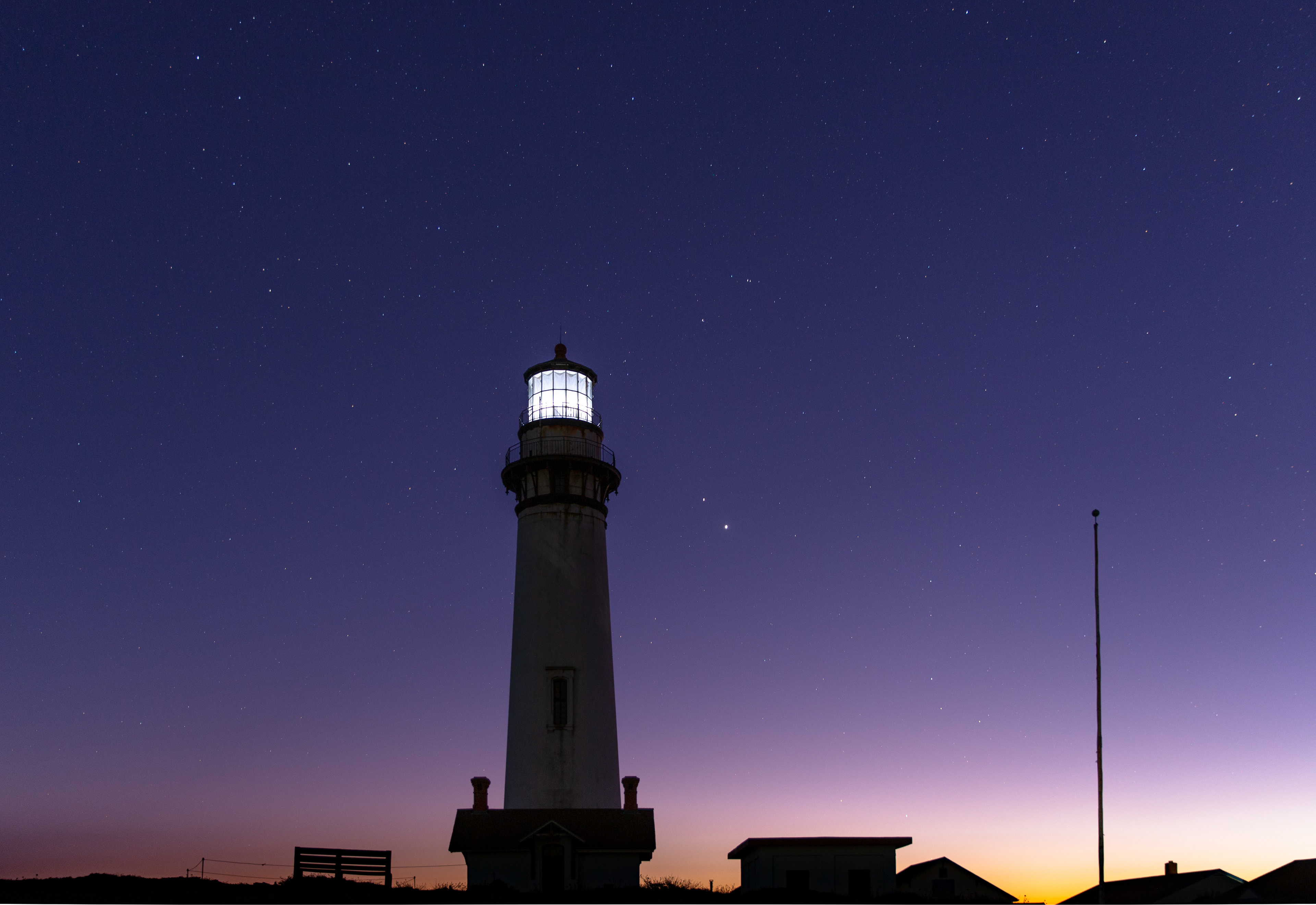 Jupiter and Saturn near conjunction over Pigeon Point Lighthouse in Santa Cruz, CA