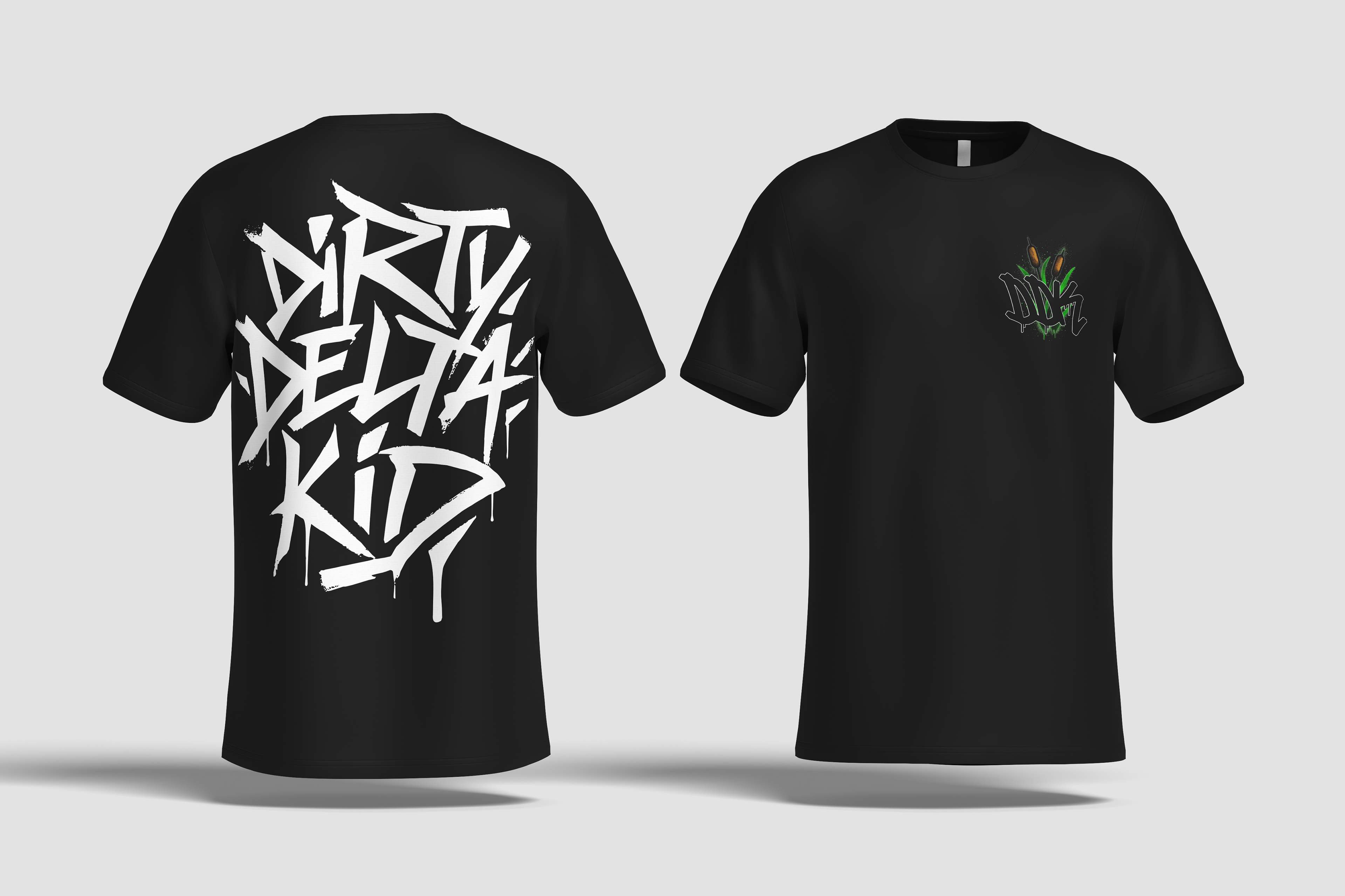 High-impact graffiti-style back graphic paired with minimal front branding for contrast.