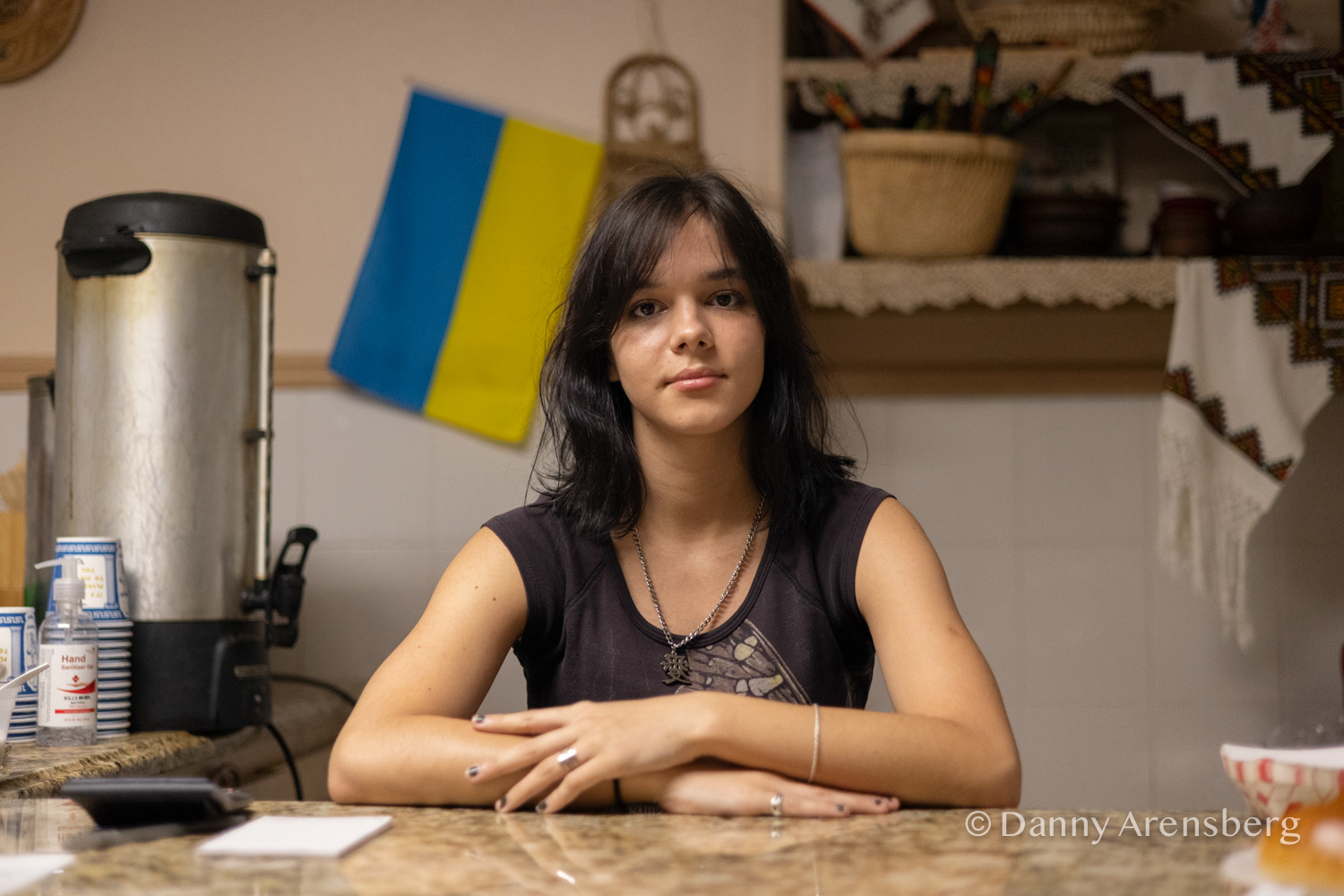 Janna poses for a portrait while working at Streecha. Born in Ukraine, her extended family lives in west Ukraine and briefly fled to Poland but have returned, Oct. 23, 2022, in New York. "I feel I have constant anxiety and am guilty about my safety of being here." said Janna
