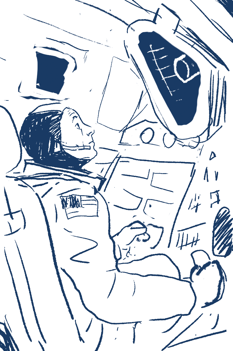 Compositional study: Initial conceptual sketch for the Apollo 11 command module scene, focusing on perspective and technical accuracy.