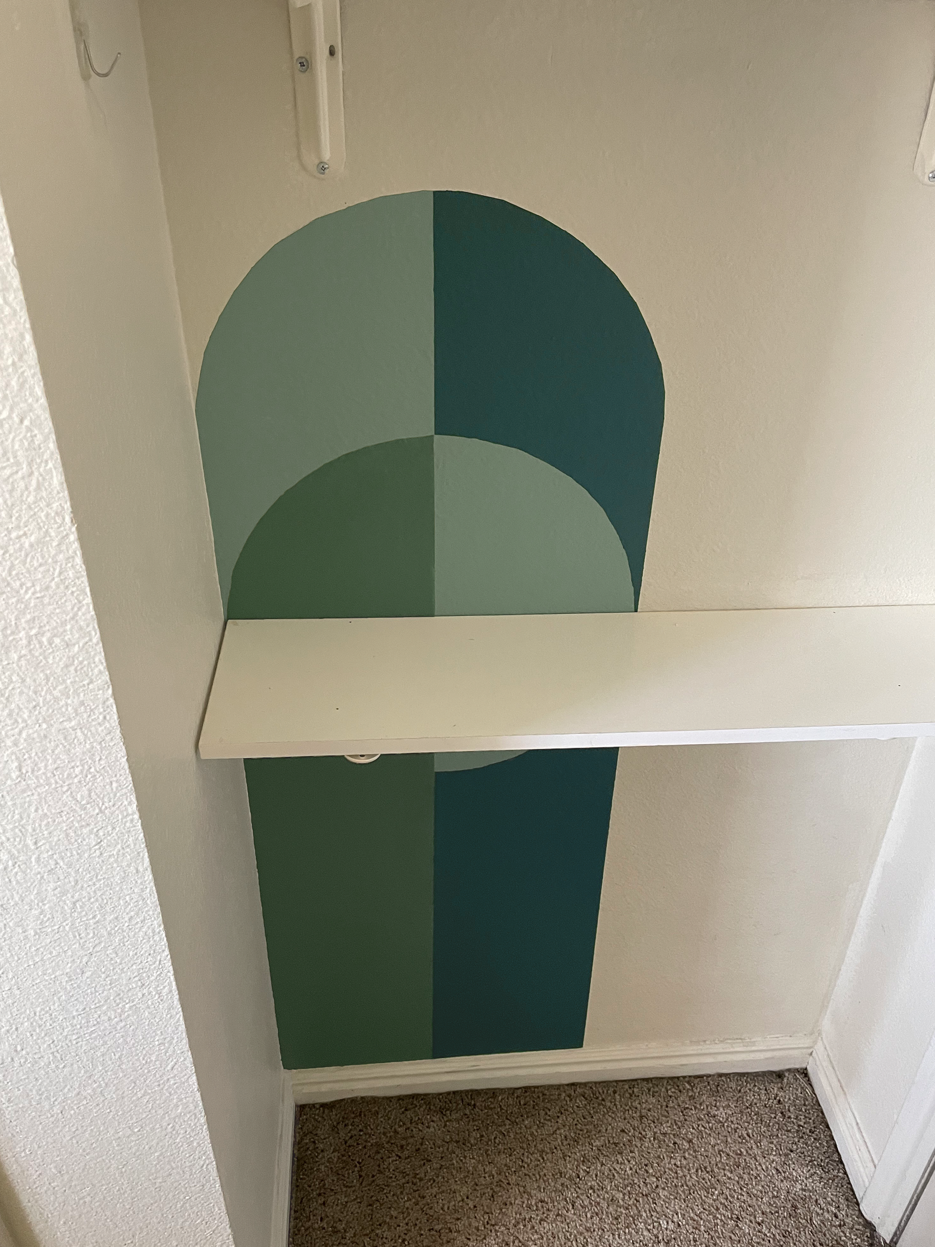 Close-up of completed shelf wall