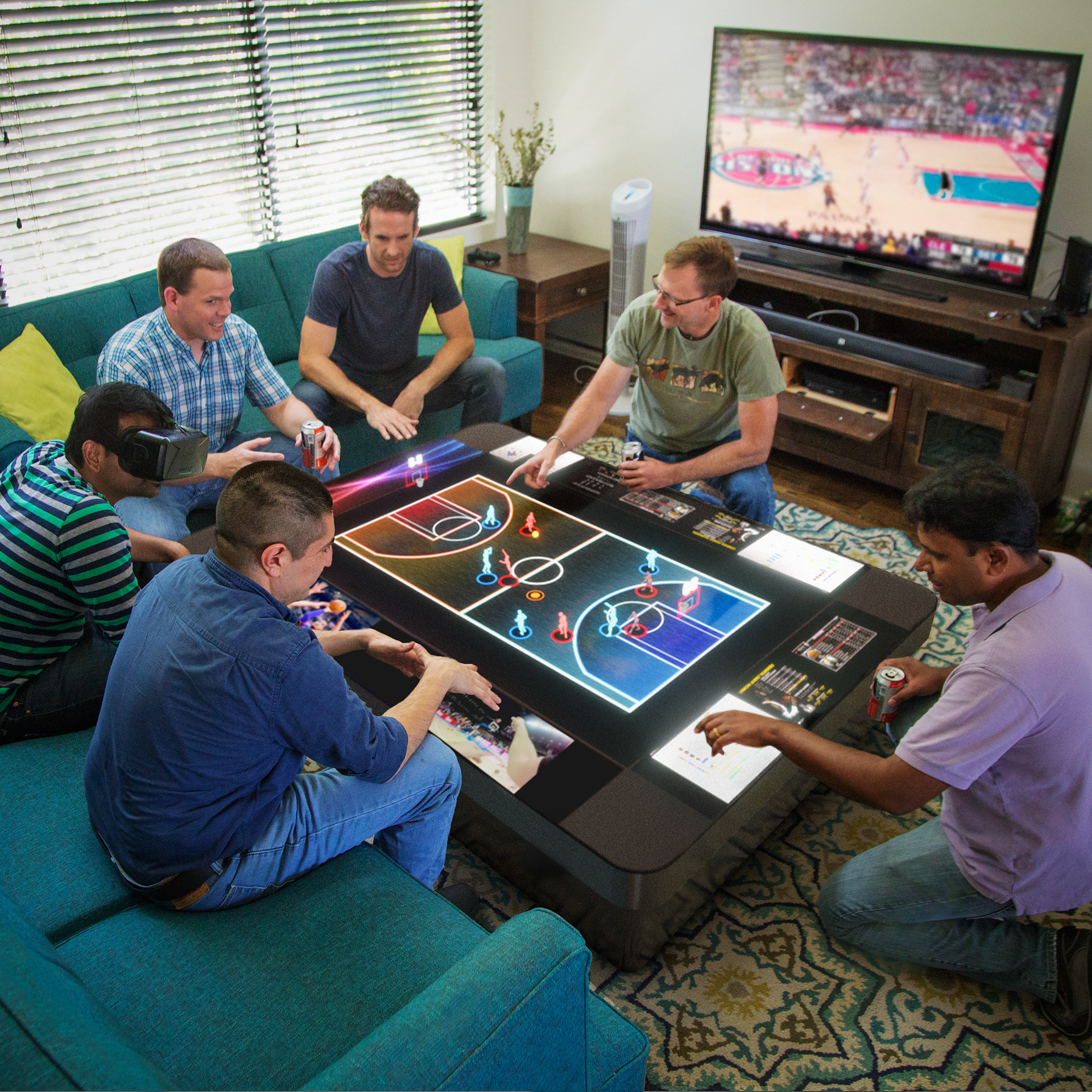 A concept rendering I created by taking a photograph of some FoVI3D employees, and compositing a sports arena being visualized on a large scale "coffee table" light-field display.