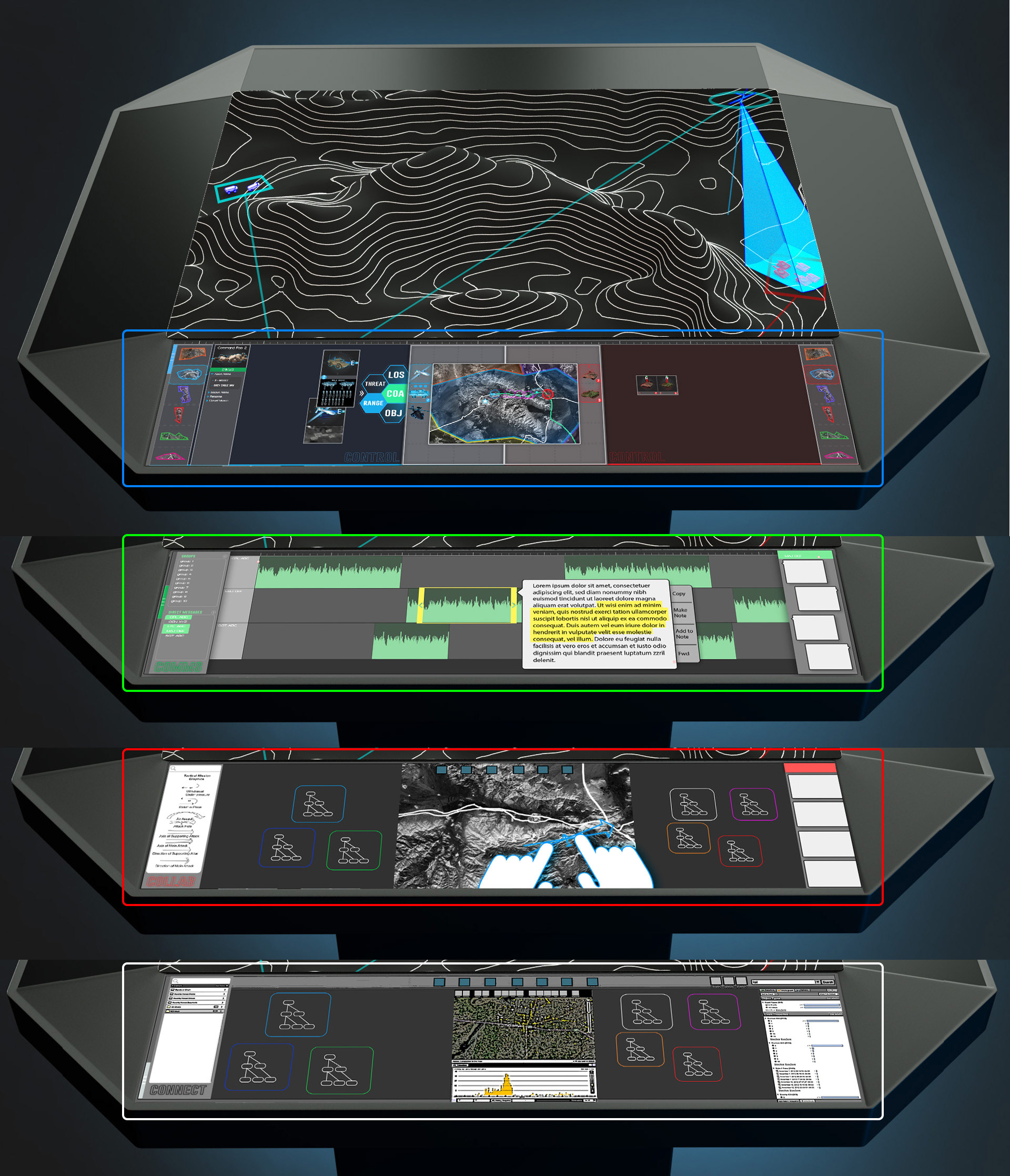 Command & Control 3D: Four desktops work spaces to prepare plans.