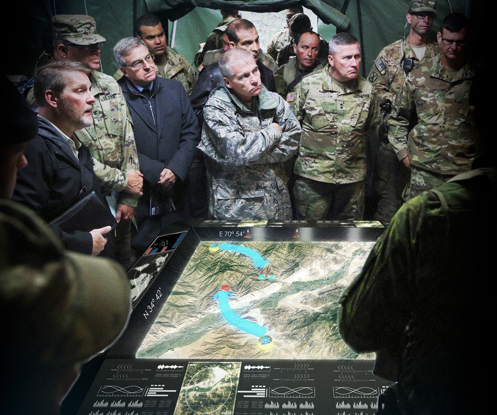 A photo-realistic rendering of the command table composited into a military briefing.