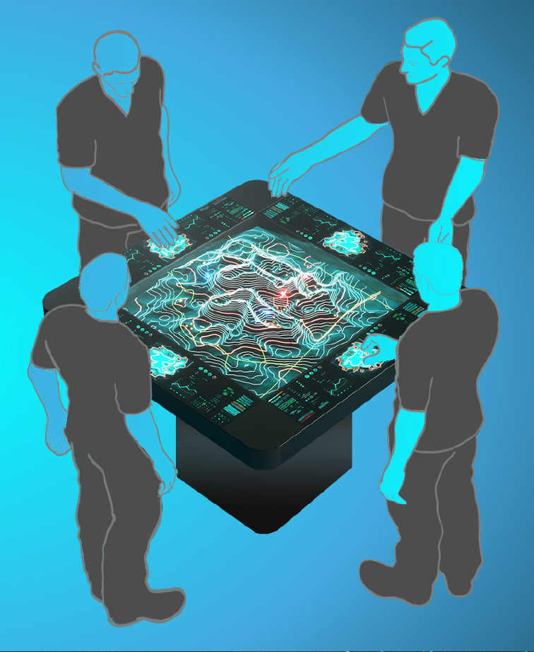Another rendering of our command table light-field display with four users standing around discussing content.