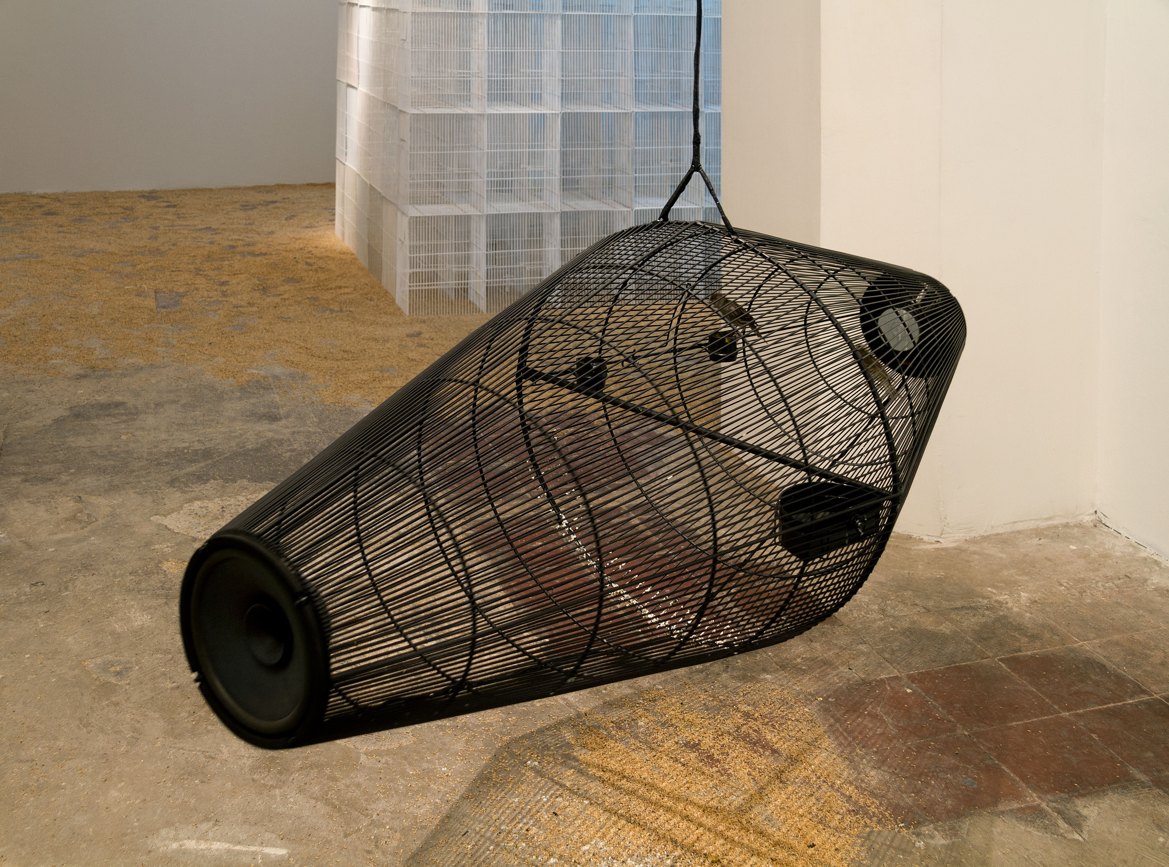 Pajarístico Stereo. Acero y pintura electroestática negra. Parlantes, amplificador , micrófonos de contacto y Dos Manones. 1,60 x 0,60 x 0,60 metros.