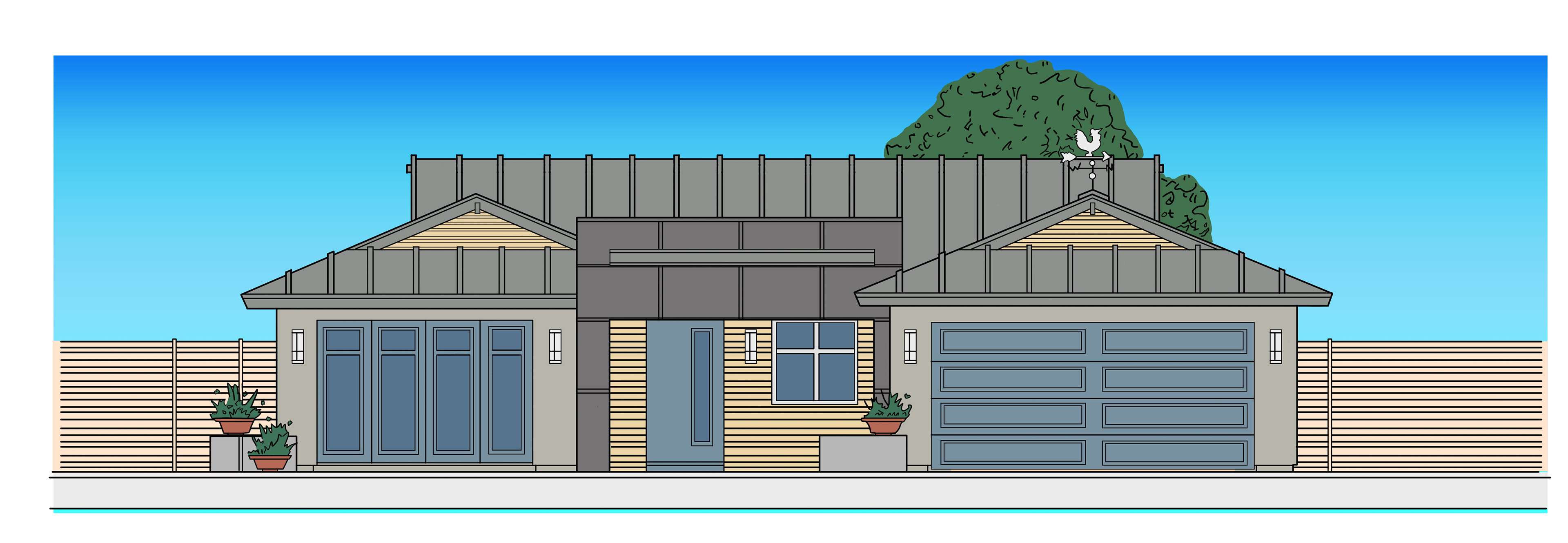 First proposed color renders of the residential home before background changes.